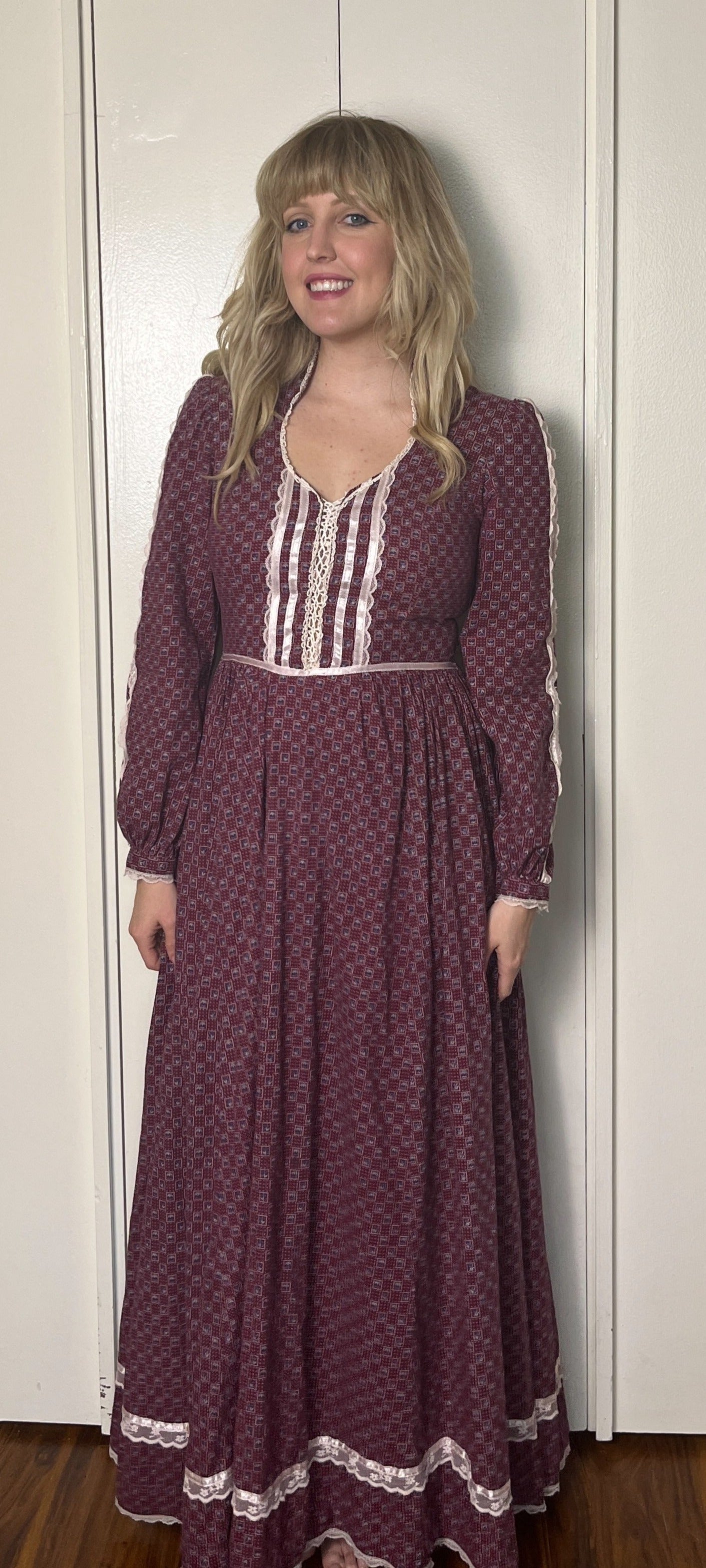 Vintage 1970's "Gunne Sax by Jessica McClintock" Burgundy-Red Long Sleeve Maxi Dress