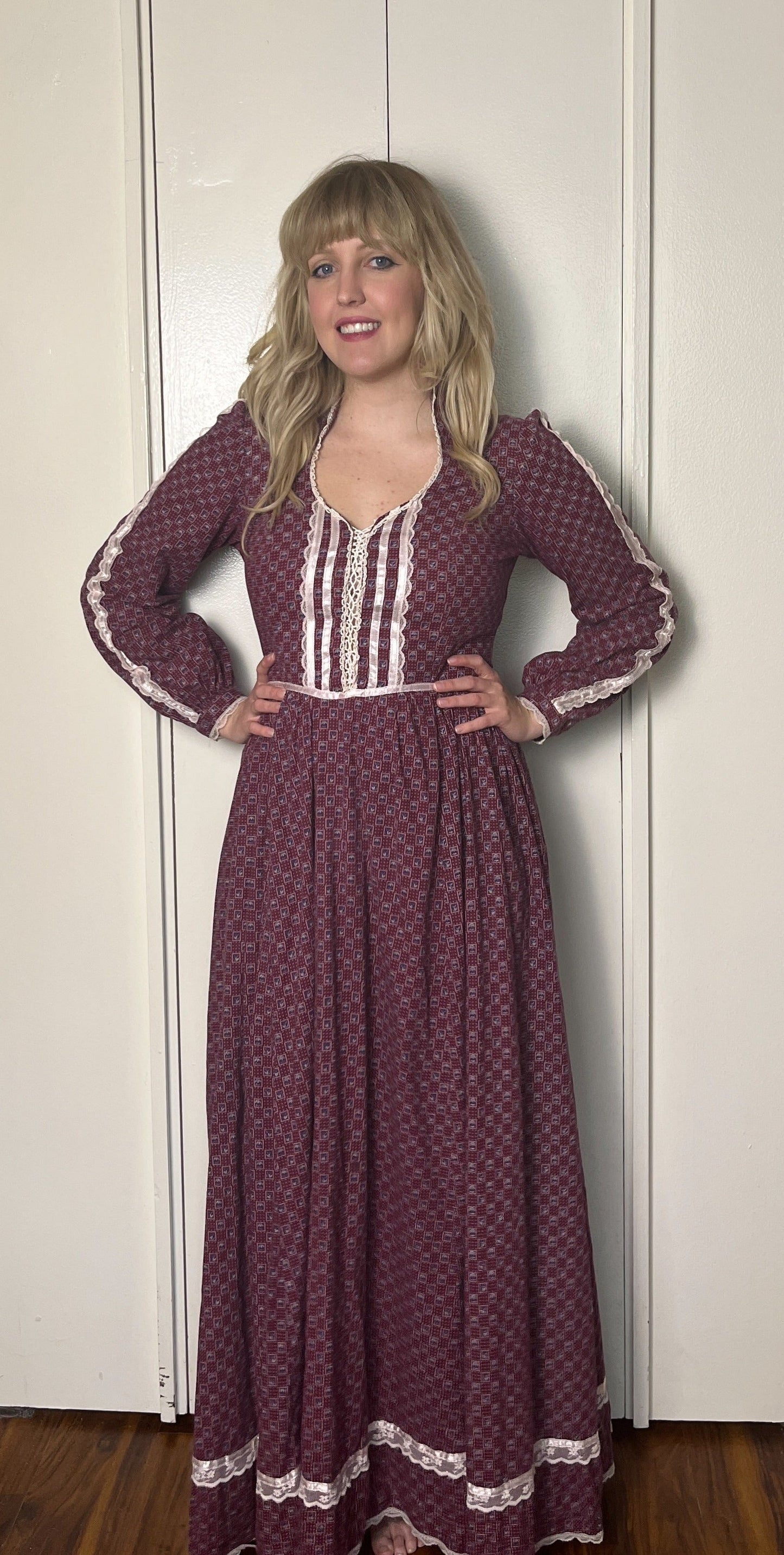 Vintage 1970's "Gunne Sax by Jessica McClintock" Burgundy-Red Long Sleeve Maxi Dress