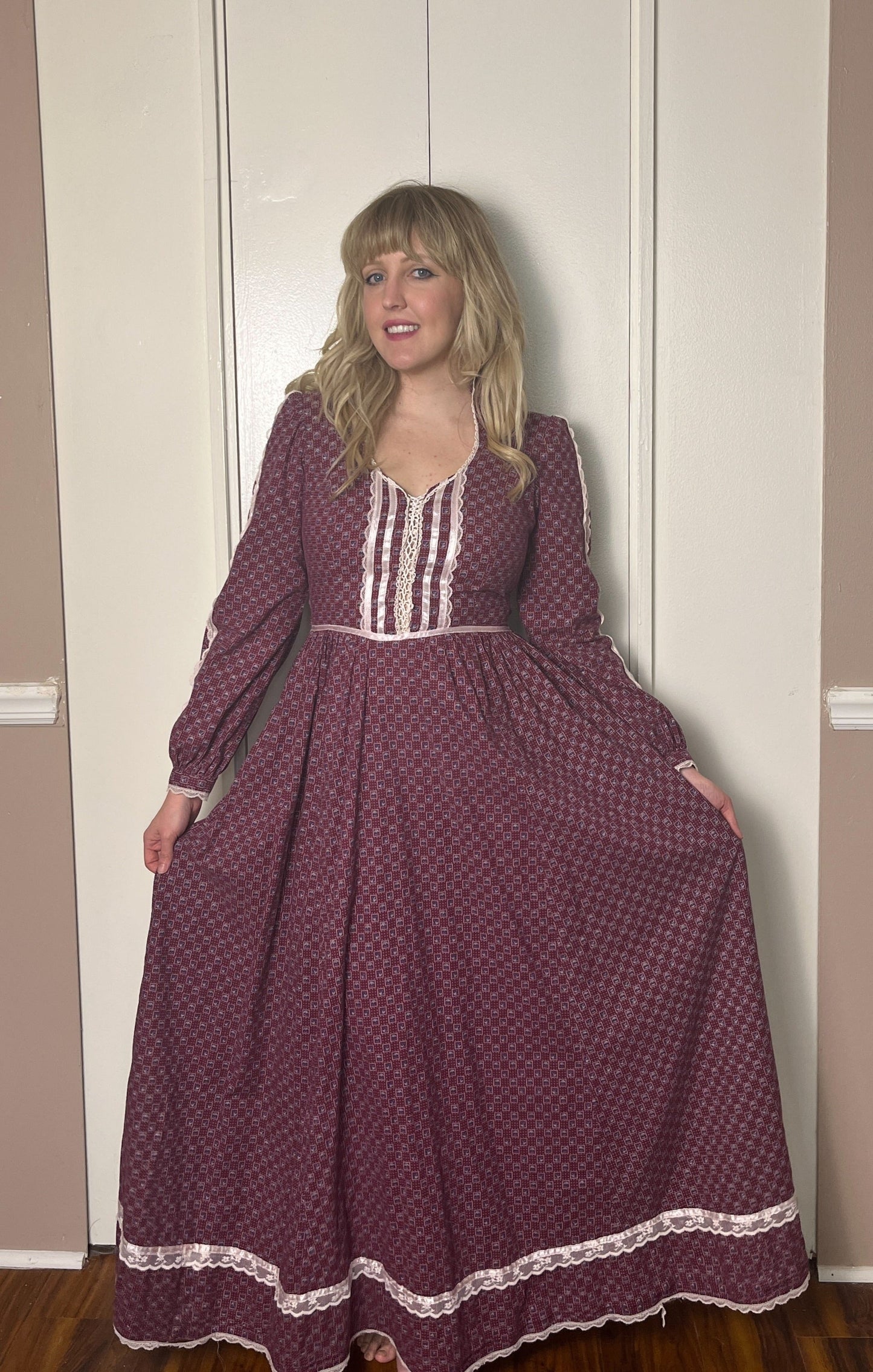 Vintage 1970's "Gunne Sax by Jessica McClintock" Burgundy-Red Long Sleeve Maxi Dress
