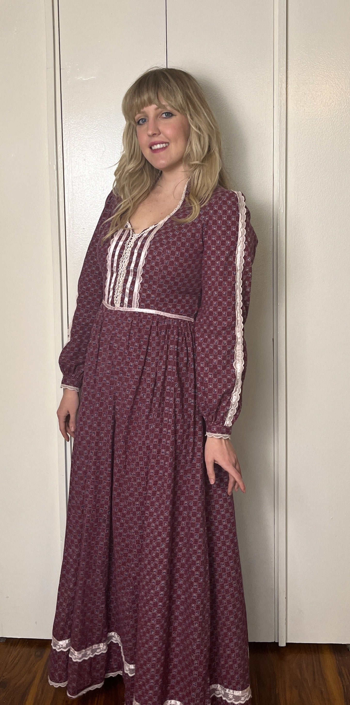 Vintage 1970's "Gunne Sax by Jessica McClintock" Burgundy-Red Long Sleeve Maxi Dress