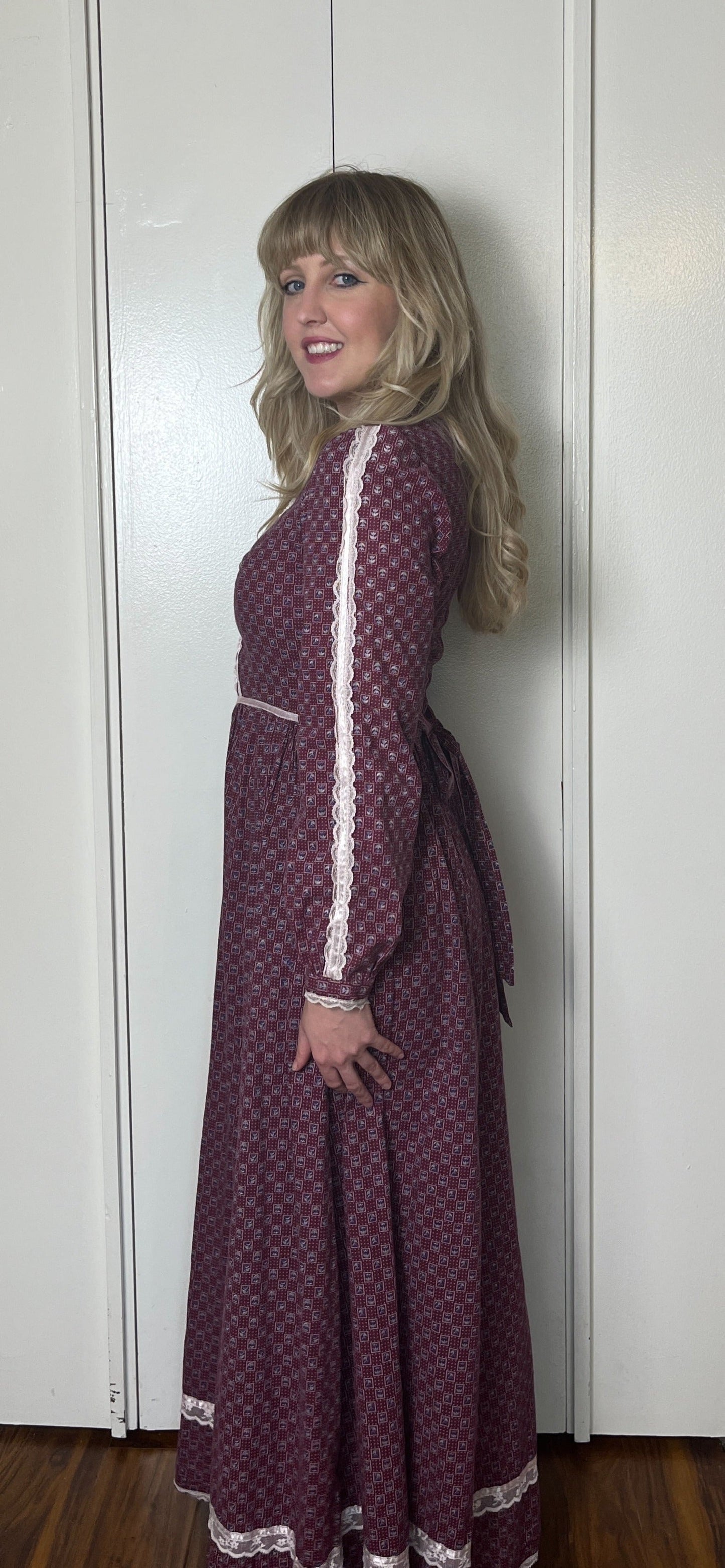 Vintage 1970's "Gunne Sax by Jessica McClintock" Burgundy-Red Long Sleeve Maxi Dress