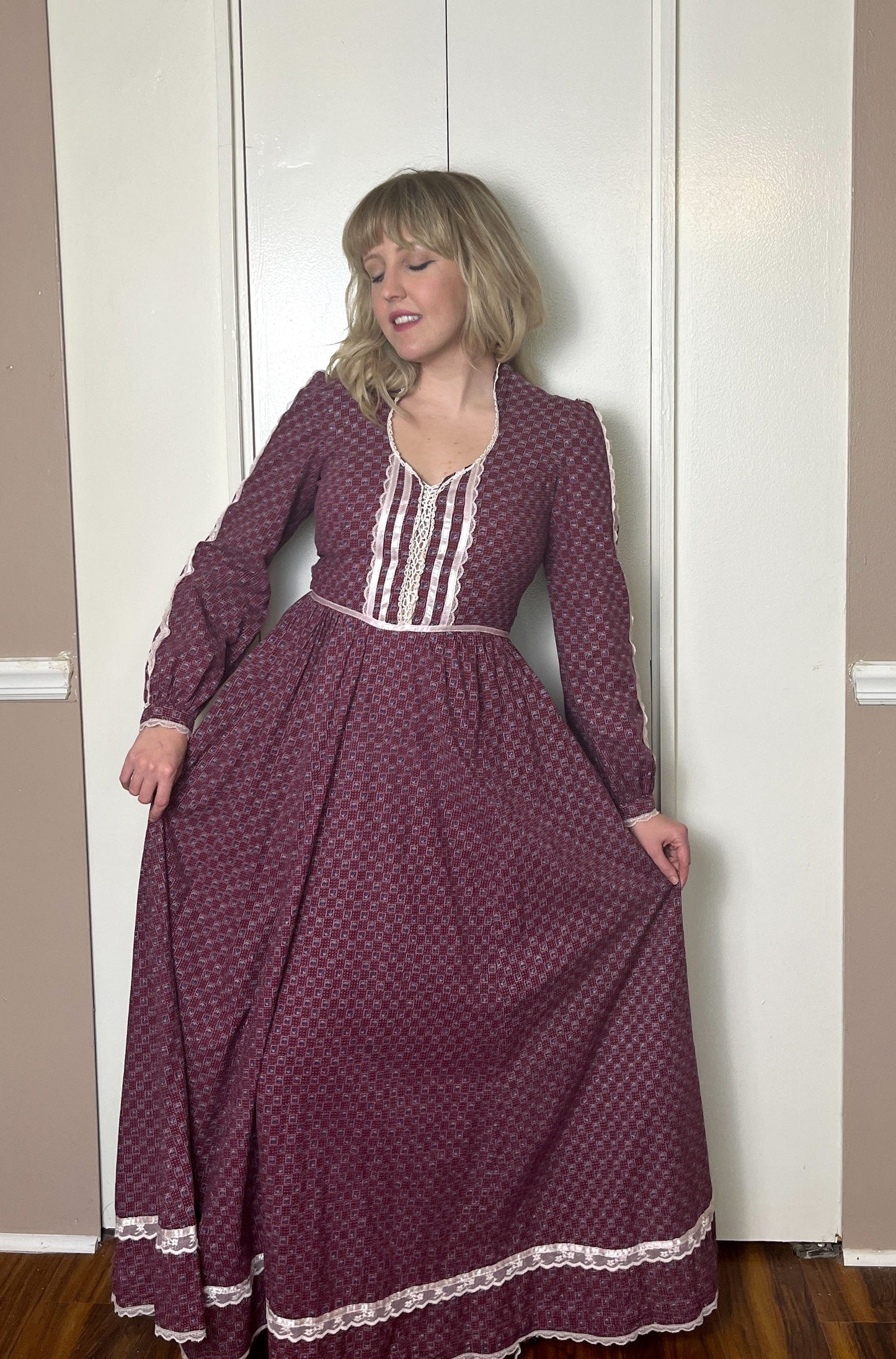 Vintage 1970's "Gunne Sax by Jessica McClintock" Burgundy-Red Long Sleeve Maxi Dress