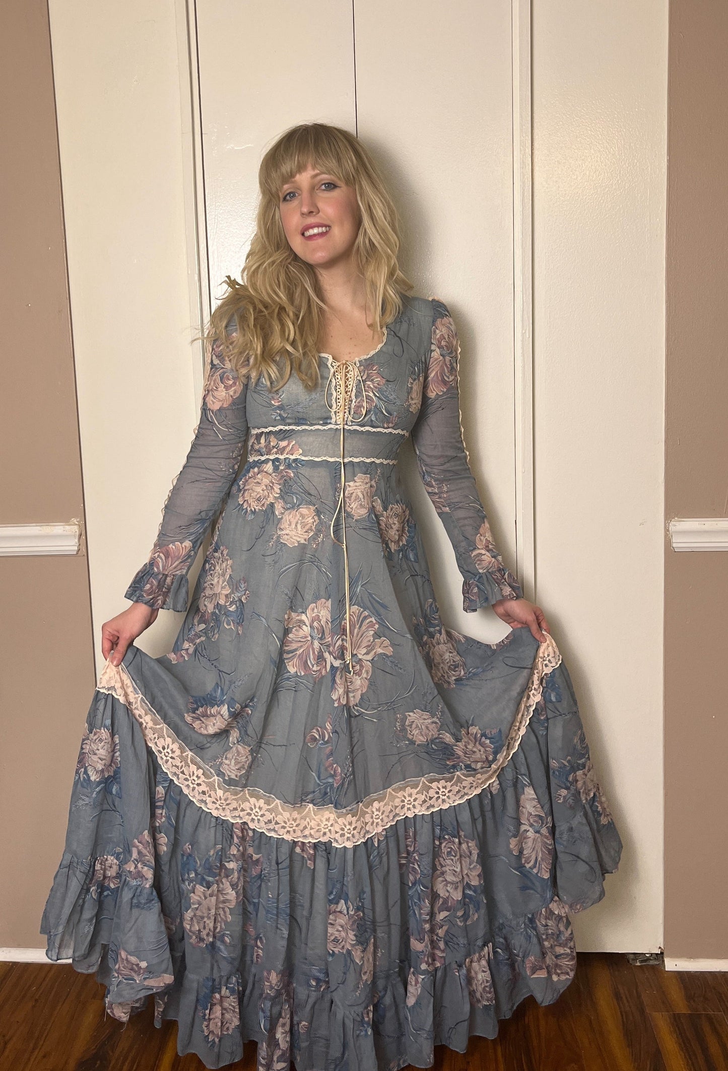 Vintage 1970's "Gunne Sax by Jessica McClintock" Blue Floral Long Sleeve Maxi Dress