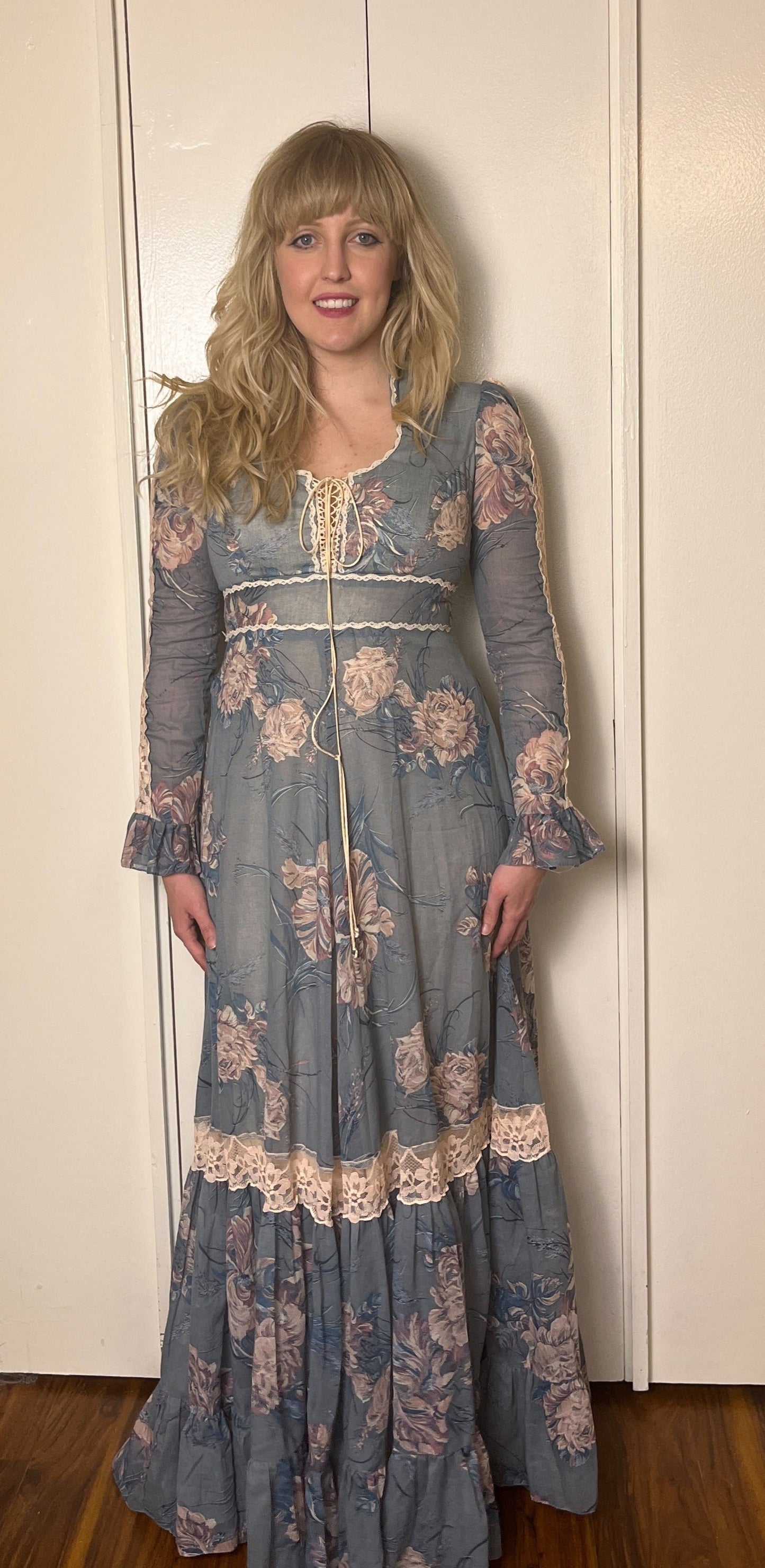 Vintage 1970's "Gunne Sax by Jessica McClintock" Blue Floral Long Sleeve Maxi Dress