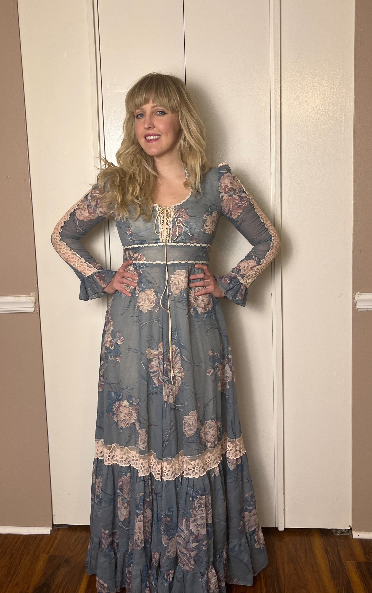 Vintage 1970's "Gunne Sax by Jessica McClintock" Blue Floral Long Sleeve Maxi Dress