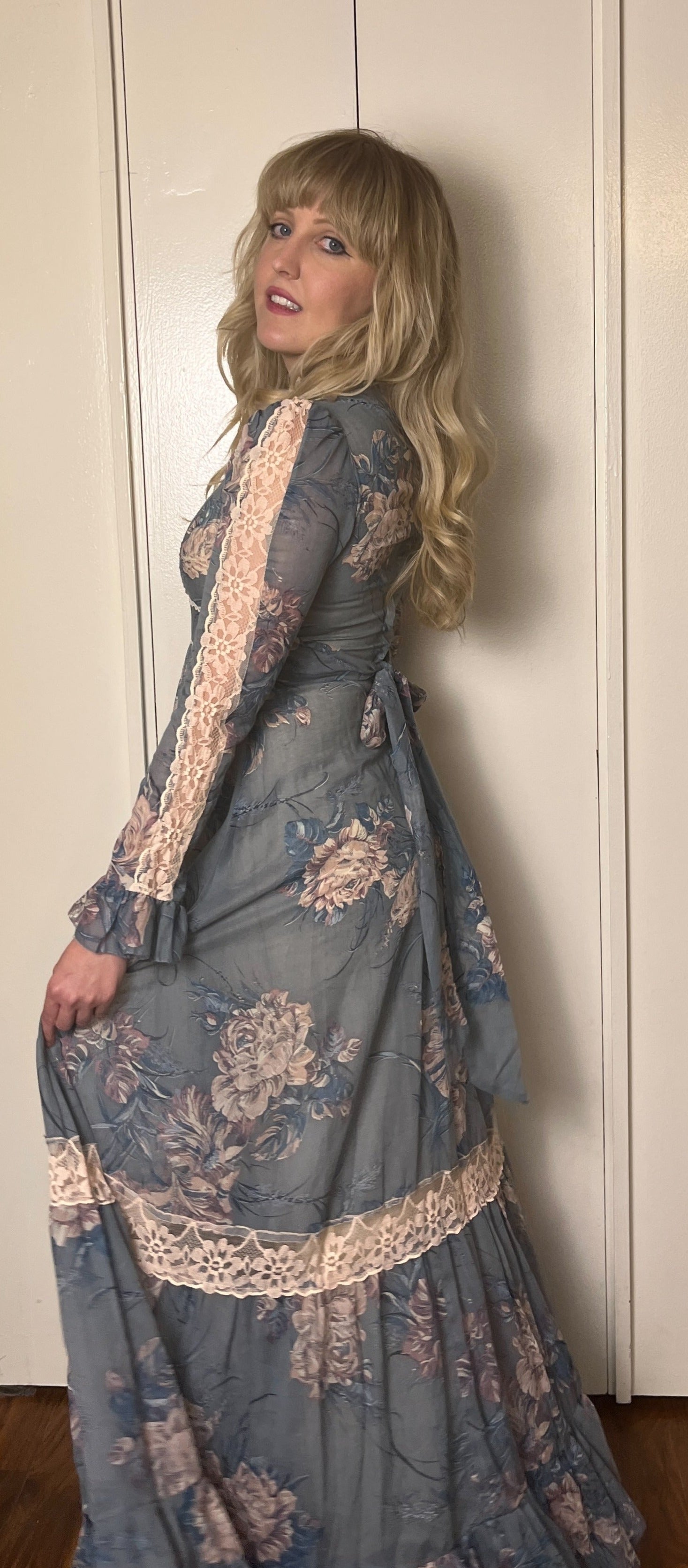 jessica mcclintock blue dress Vintage Navy Evening Dress, Flyaway Tails XS 11.5 Sleeve Length Vintage 1970's "Gunne Sax by