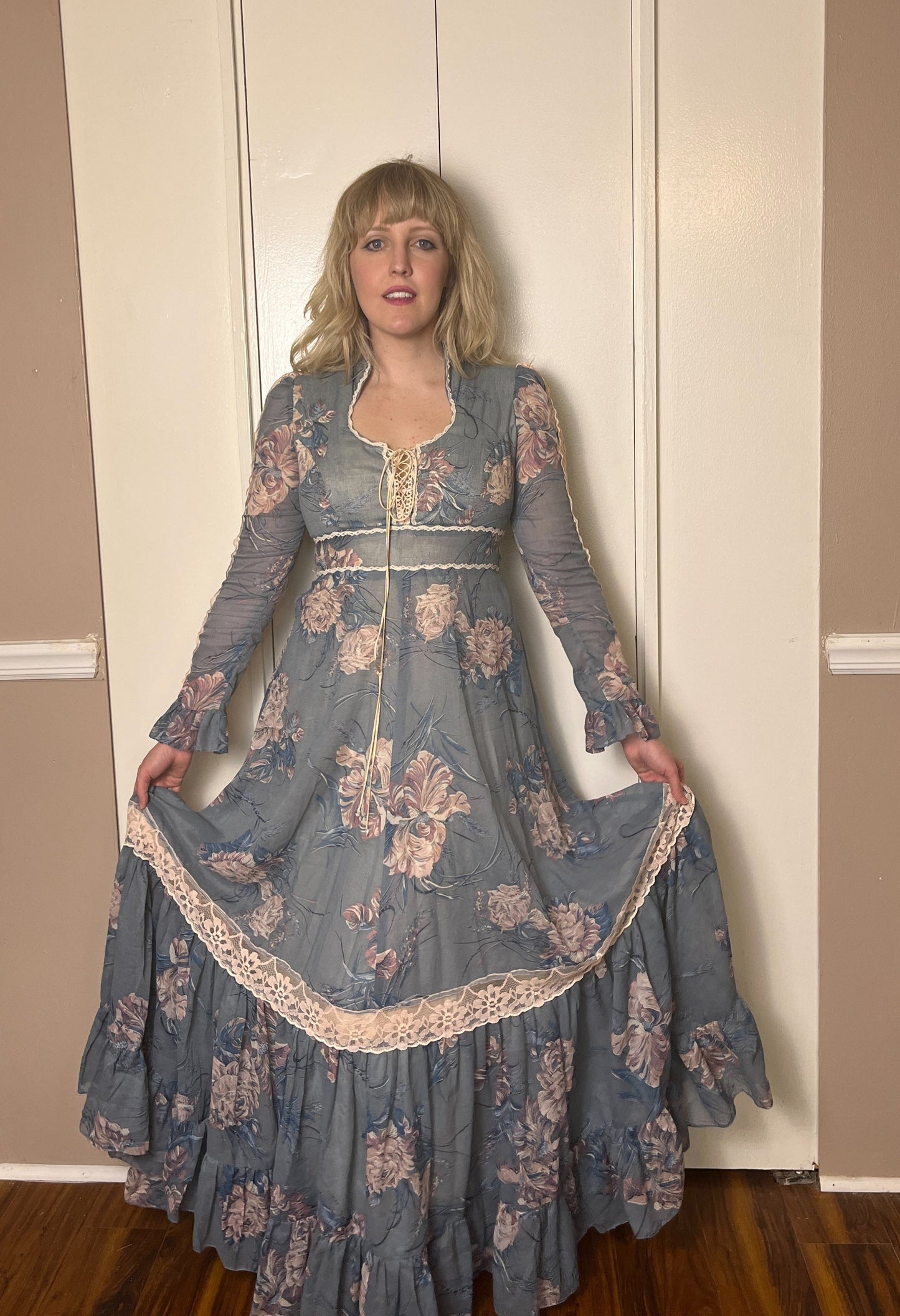 Vintage 1970's "Gunne Sax by Jessica McClintock" Blue Floral Long Sleeve Maxi Dress