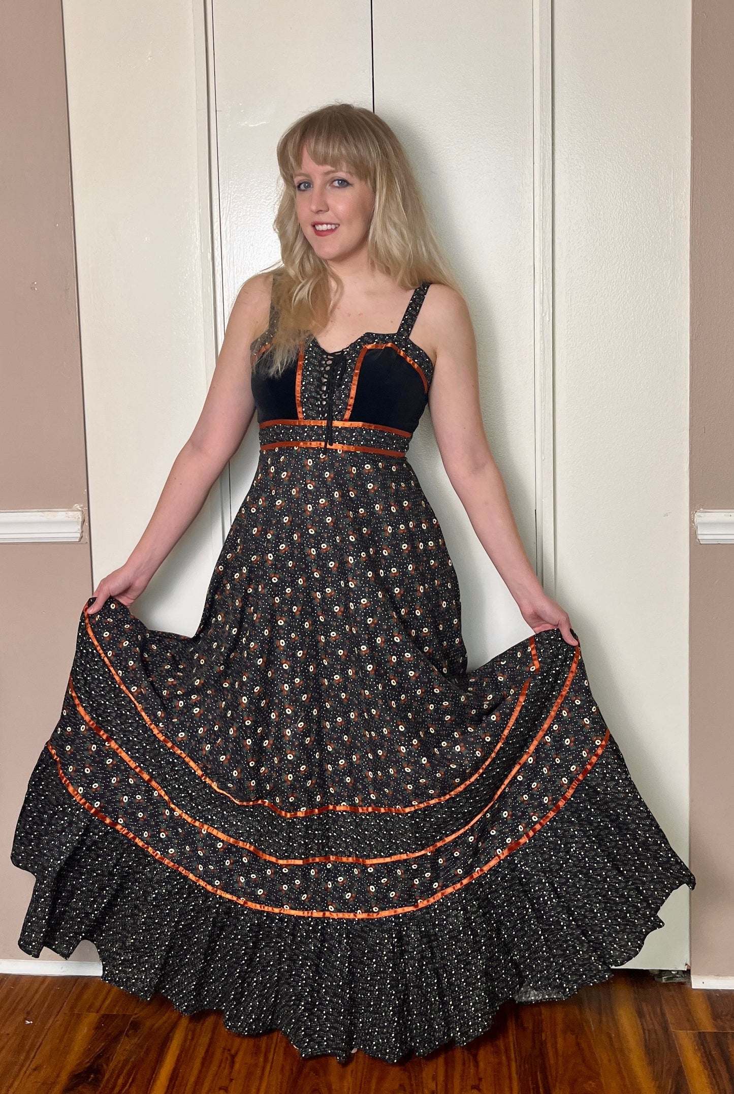 Vintage 1970's "Gunne Sax by Jessica McClintock" Black (Poppy Print) Maxi Dress