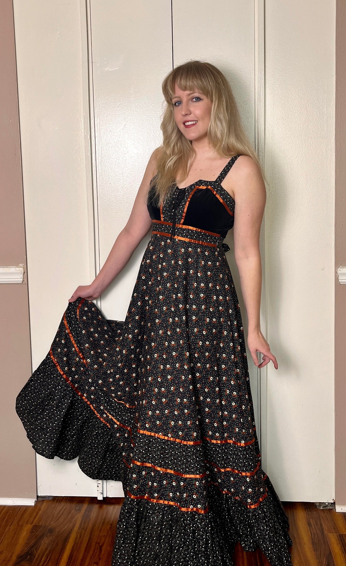 Vintage 1970's "Gunne Sax by Jessica McClintock" Black (Poppy Print) Maxi Dress