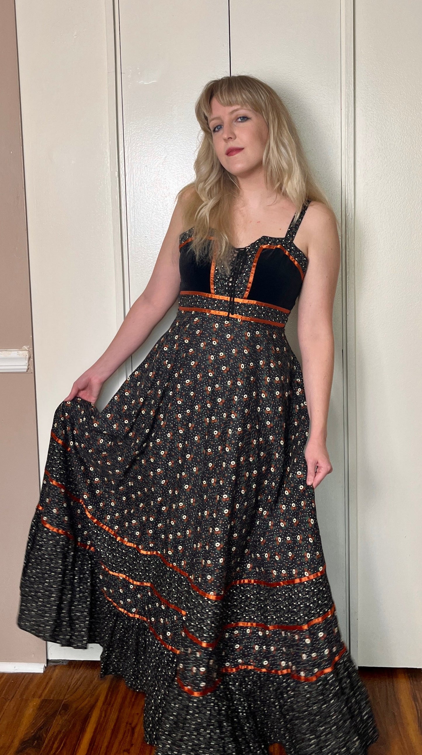 Vintage 1970's "Gunne Sax by Jessica McClintock" Black (Poppy Print) Maxi Dress