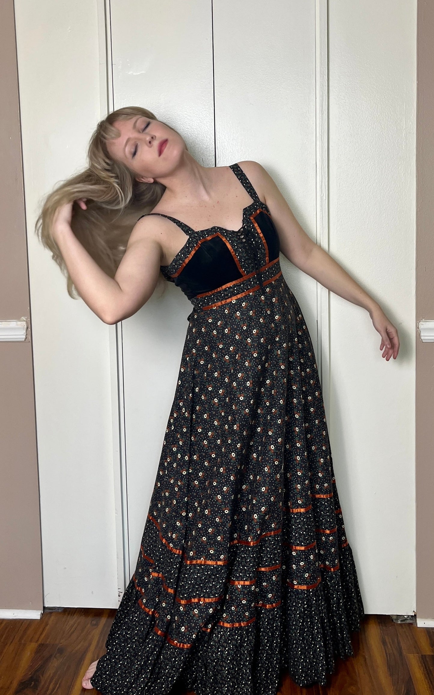 Vintage 1970's "Gunne Sax by Jessica McClintock" Black (Poppy Print) Maxi Dress