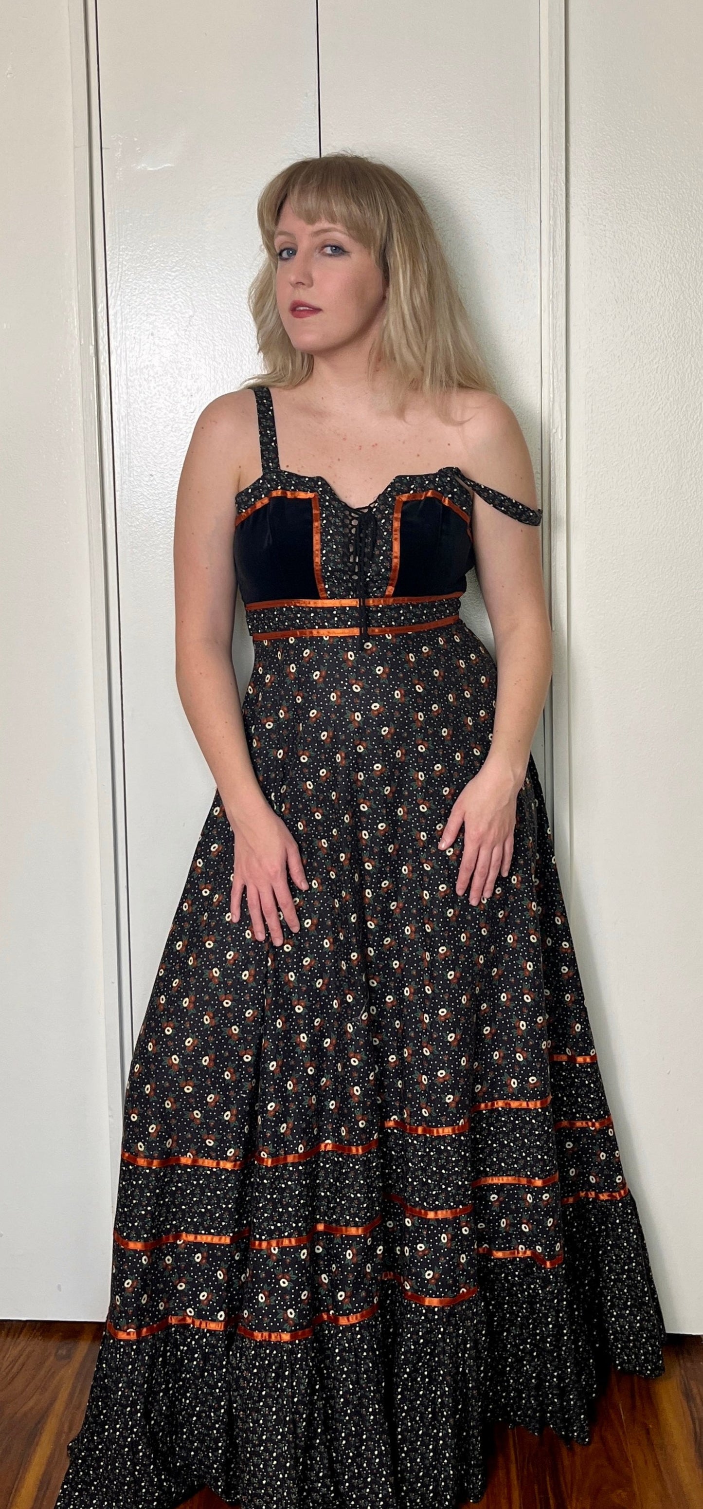 Vintage 1970's "Gunne Sax by Jessica McClintock" Black (Poppy Print) Maxi Dress