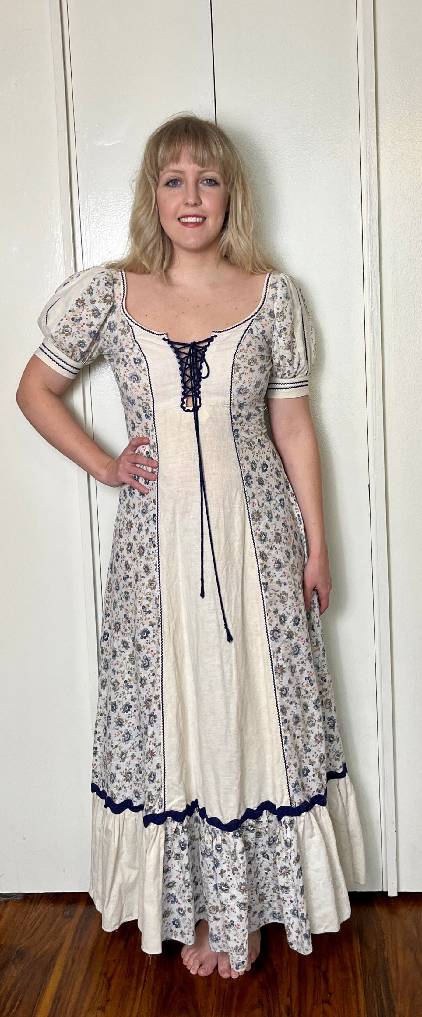 Vintage 1960's "Gunne Sax by Jessica McClintock" (Black Label) Blue (Butterfly-Print) Maxi Dress