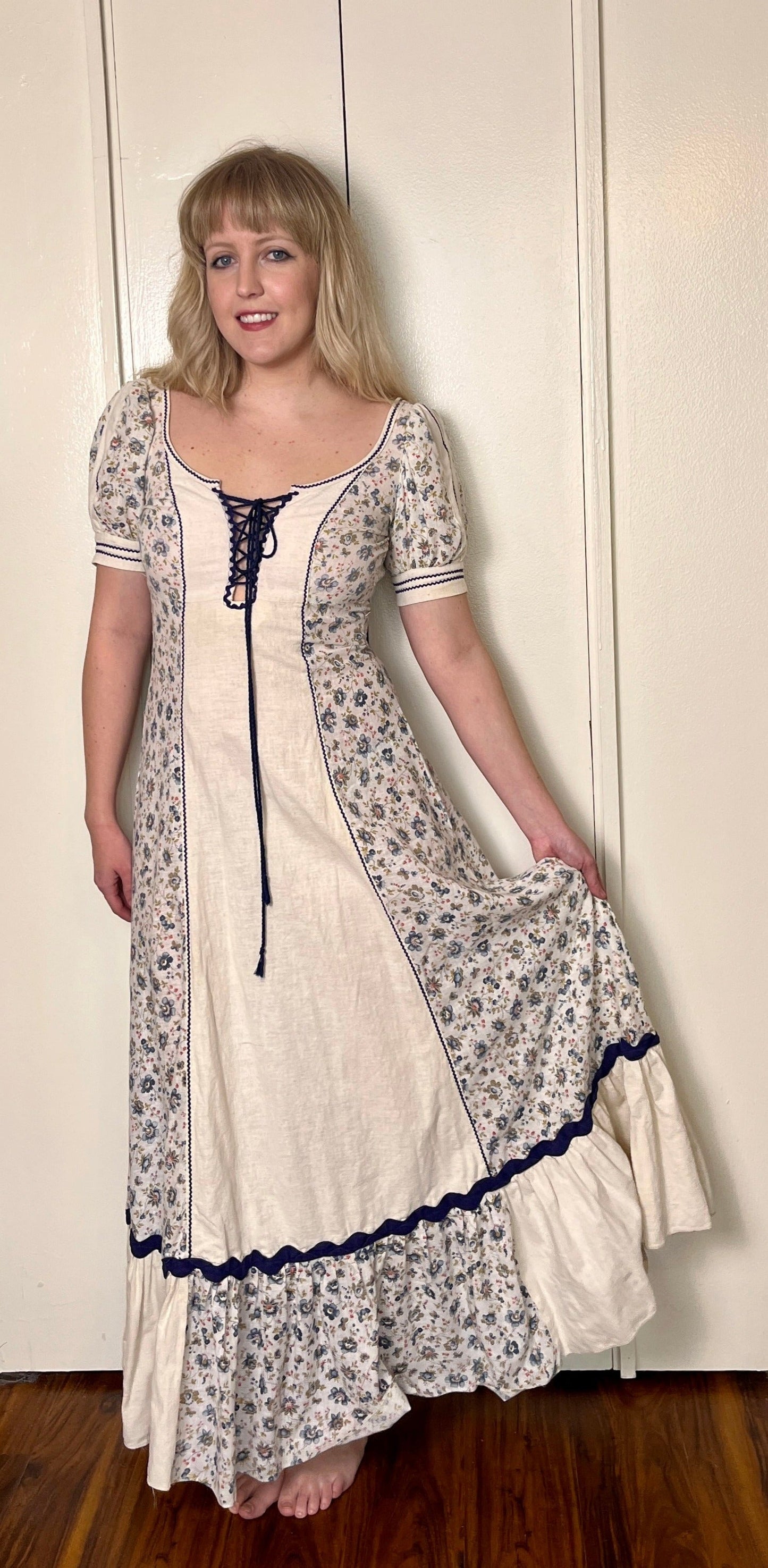 Vintage 1960's "Gunne Sax by Jessica McClintock" (Black Label) Blue (Butterfly-Print) Maxi Dress