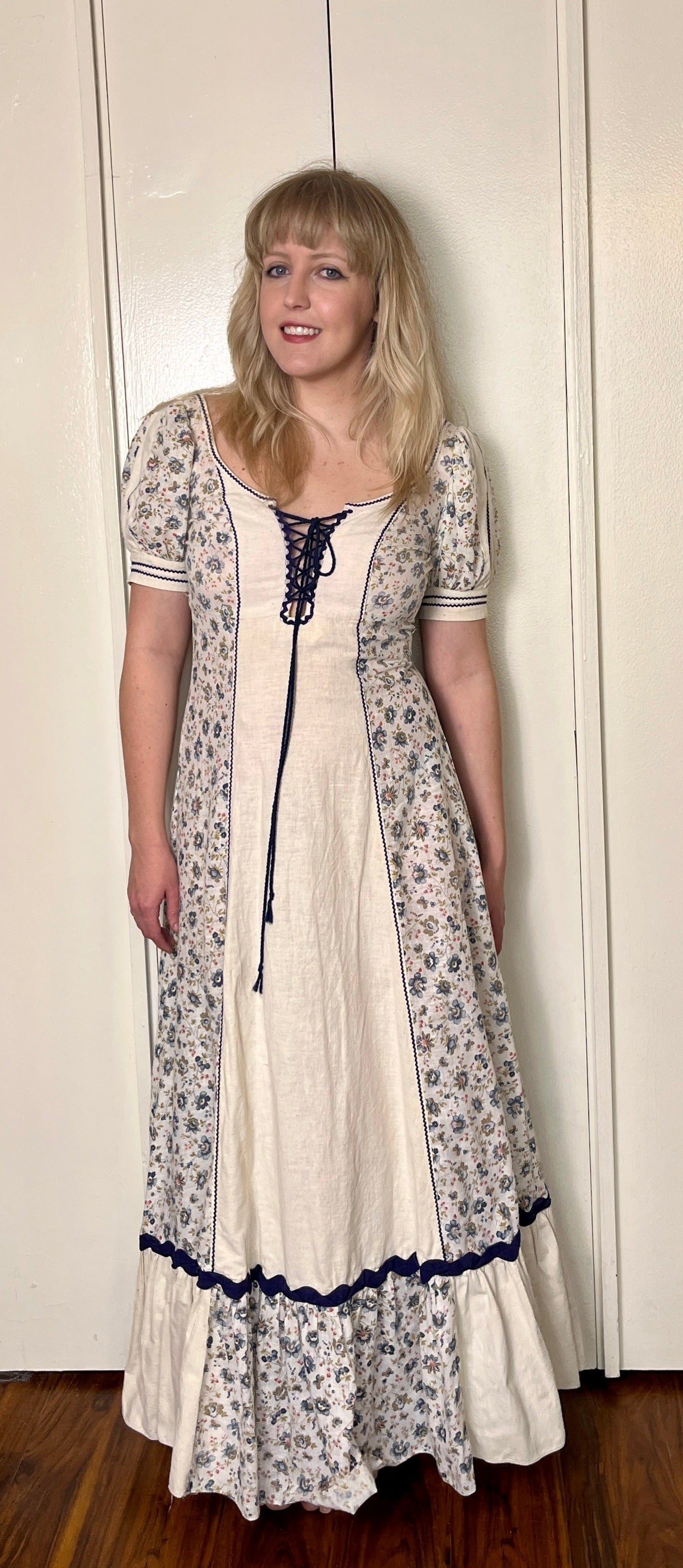 Vintage 1960's "Gunne Sax by Jessica McClintock" (Black Label) Blue (Butterfly-Print) Maxi Dress