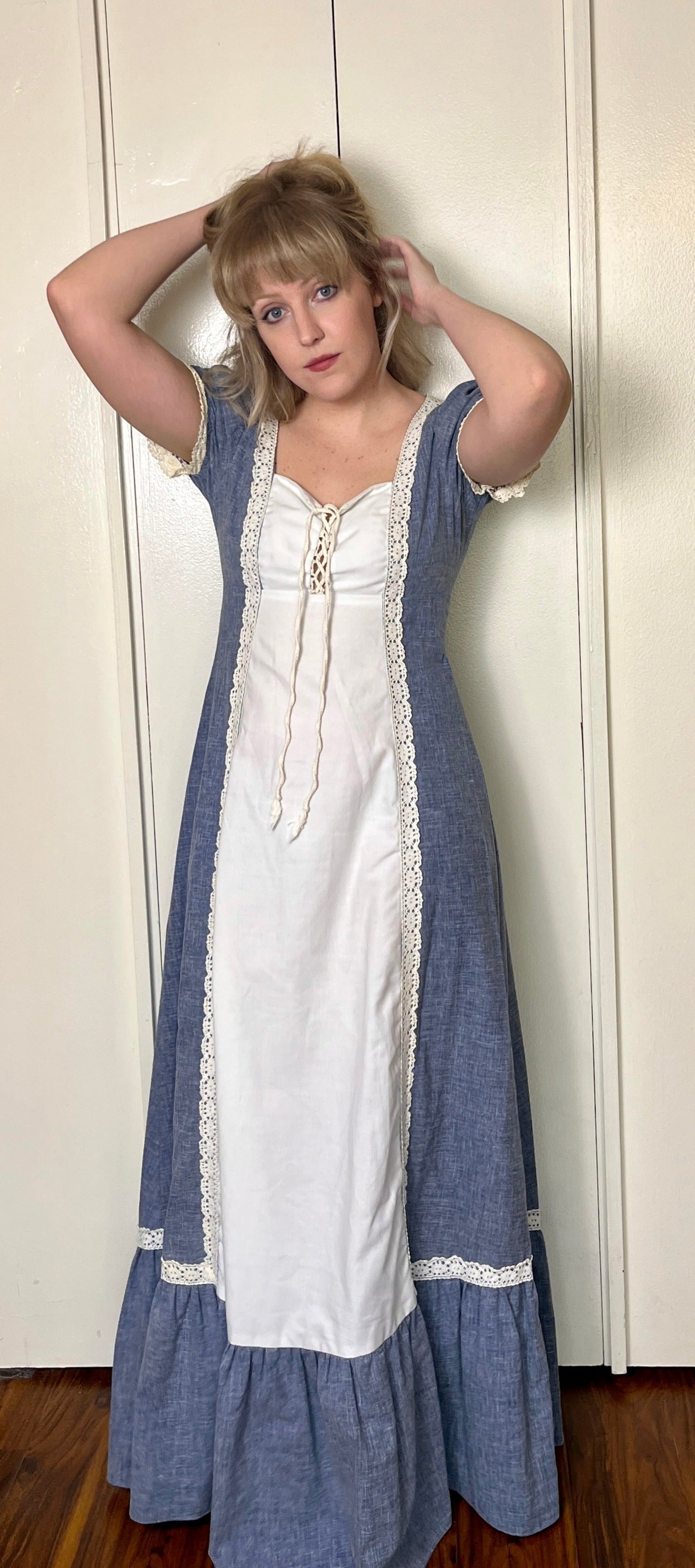 Vintage 1960's "Gunne Sax by Jessica McClintock" (Black Label) Denim Chambray Maxi Dress