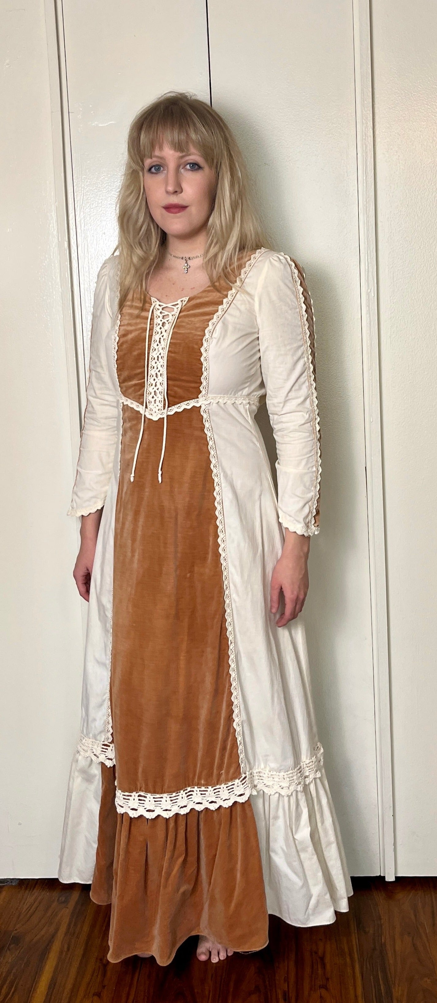 Vintage 1970's "Gunne Sax by Jessica McClintock" Brown Velvet & Cotton Muslin Long Sleeve Maxi Dress