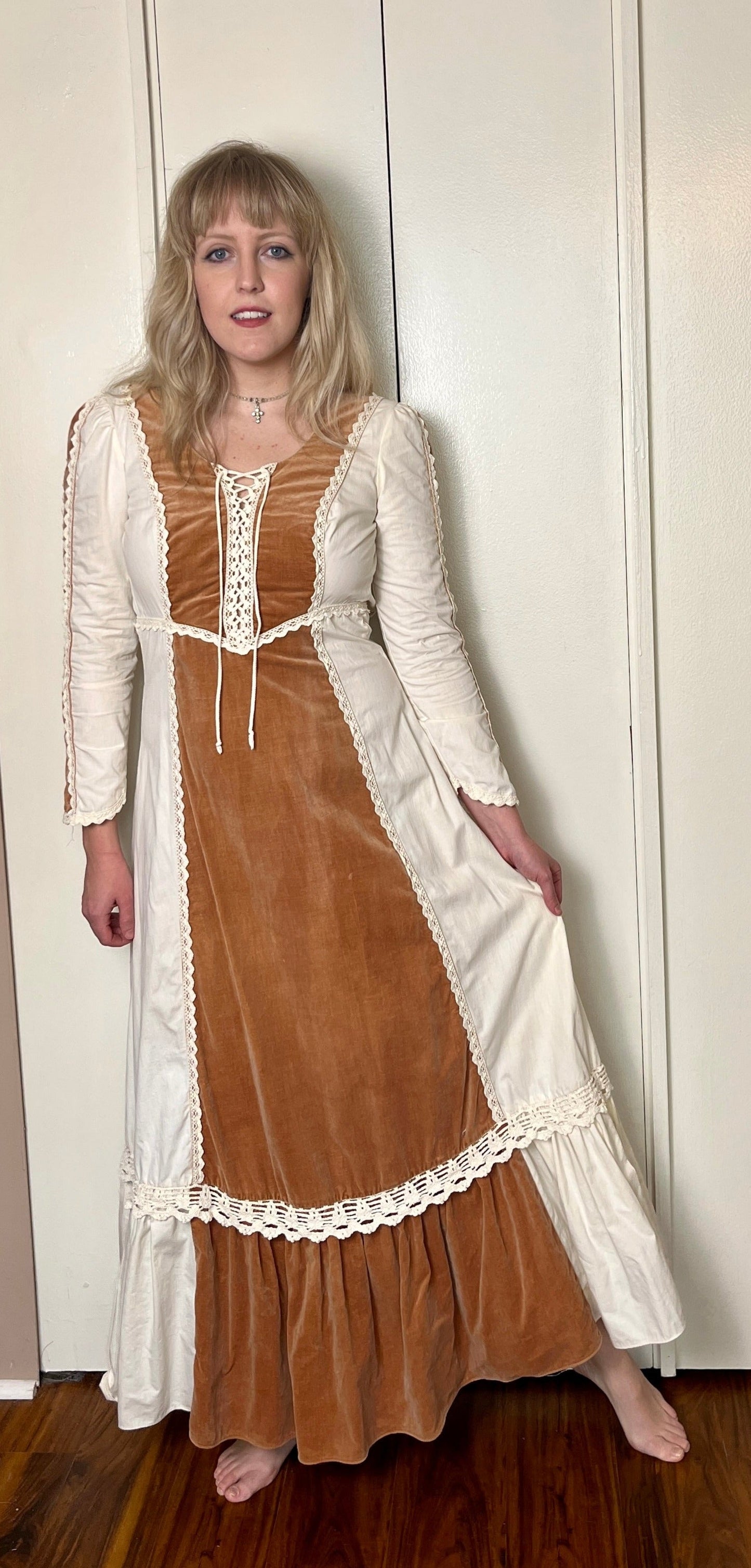 Vintage 1970's "Gunne Sax by Jessica McClintock" Brown Velvet & Cotton Muslin Long Sleeve Maxi Dress