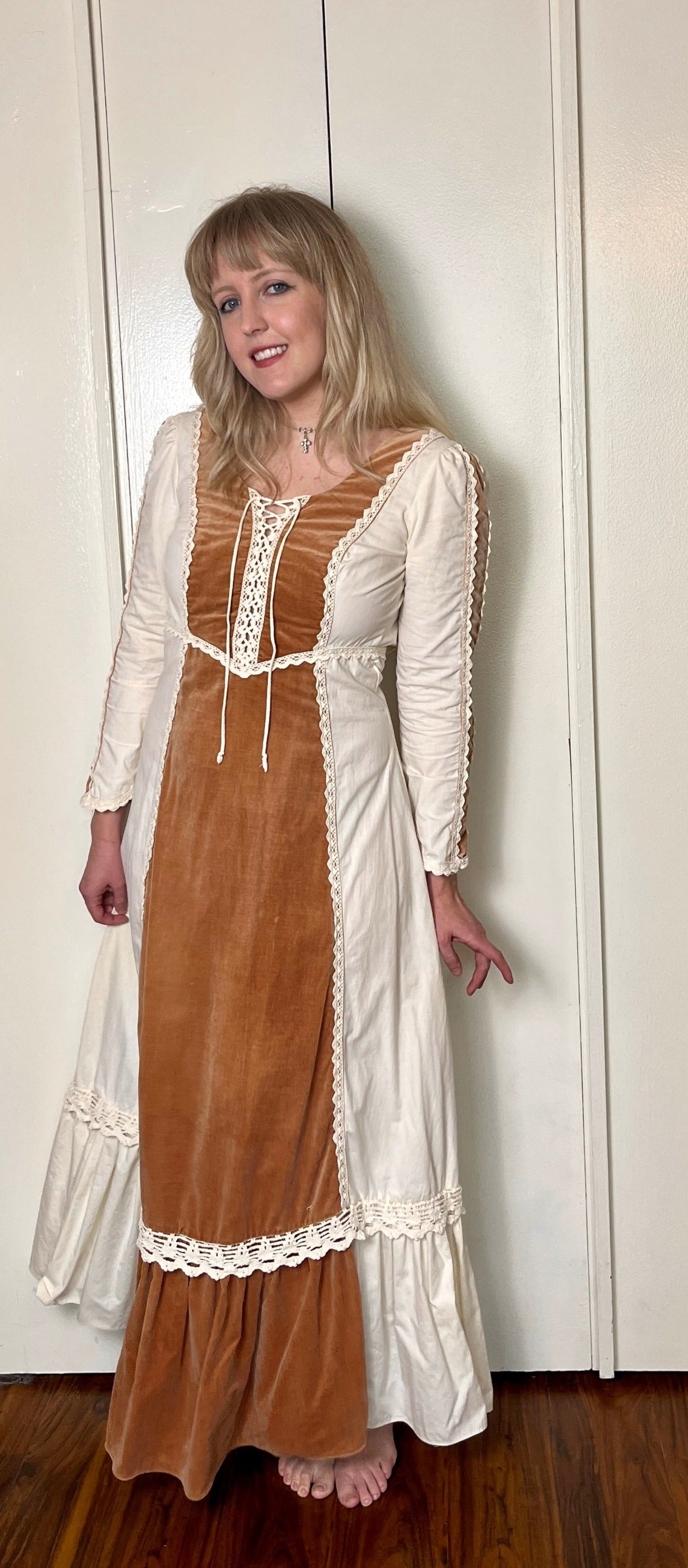 Vintage 1970's "Gunne Sax by Jessica McClintock" Brown Velvet & Cotton Muslin Long Sleeve Maxi Dress