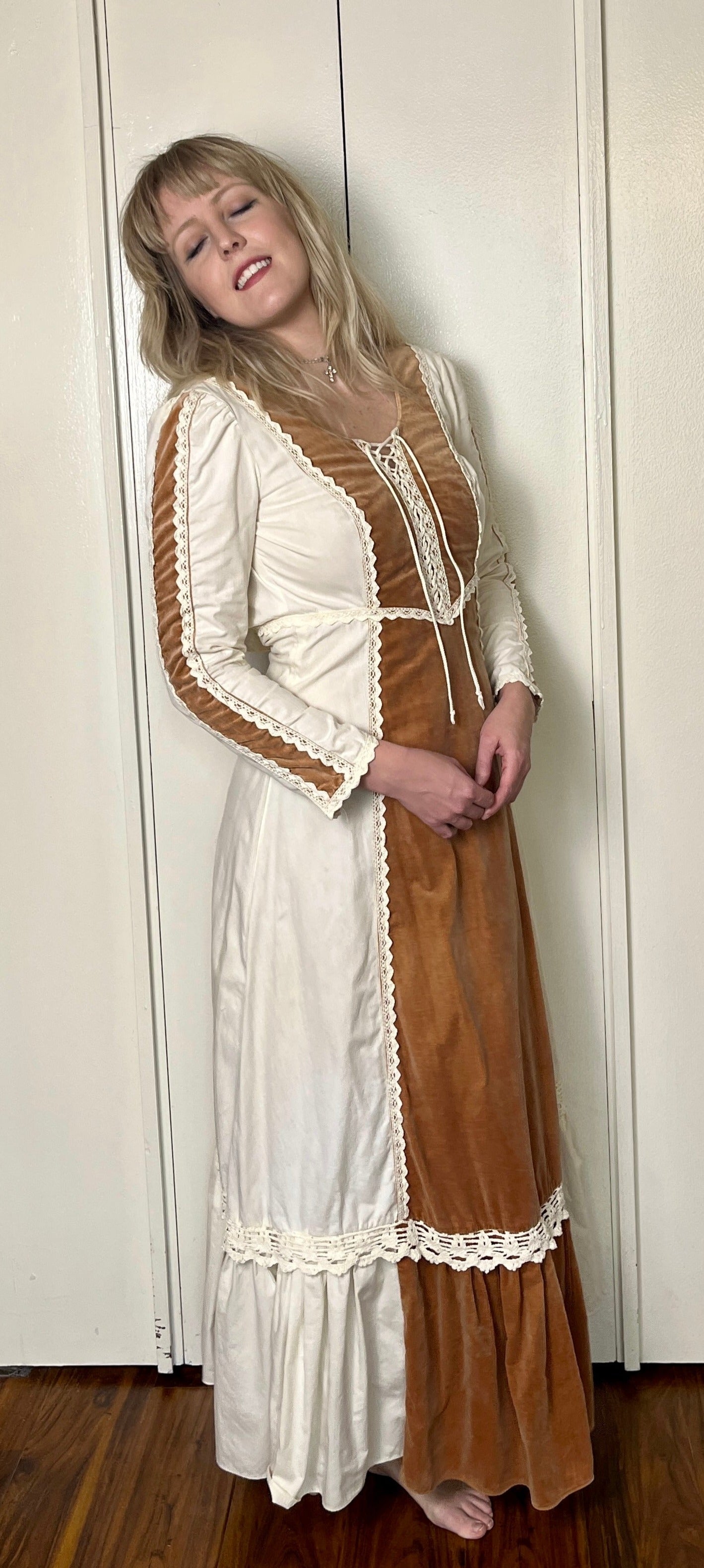 Vintage 1970's "Gunne Sax by Jessica McClintock" Brown Velvet & Cotton Muslin Long Sleeve Maxi Dress