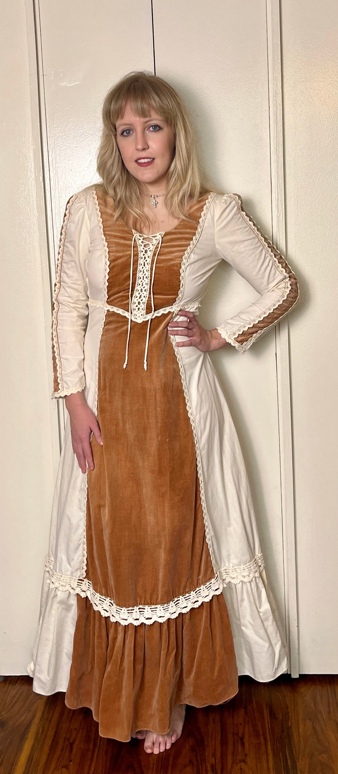 Vintage 1970's "Gunne Sax by Jessica McClintock" Brown Velvet & Cotton Muslin Long Sleeve Maxi Dress