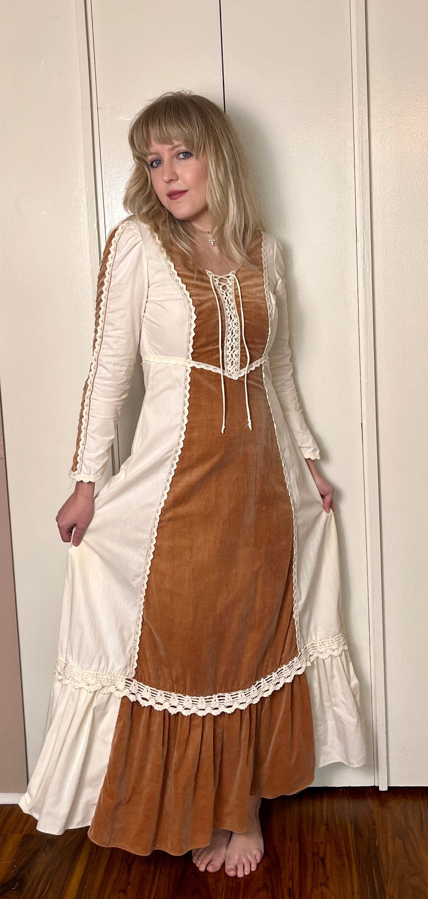 Vintage 1970's "Gunne Sax by Jessica McClintock" Brown Velvet & Cotton Muslin Long Sleeve Maxi Dress