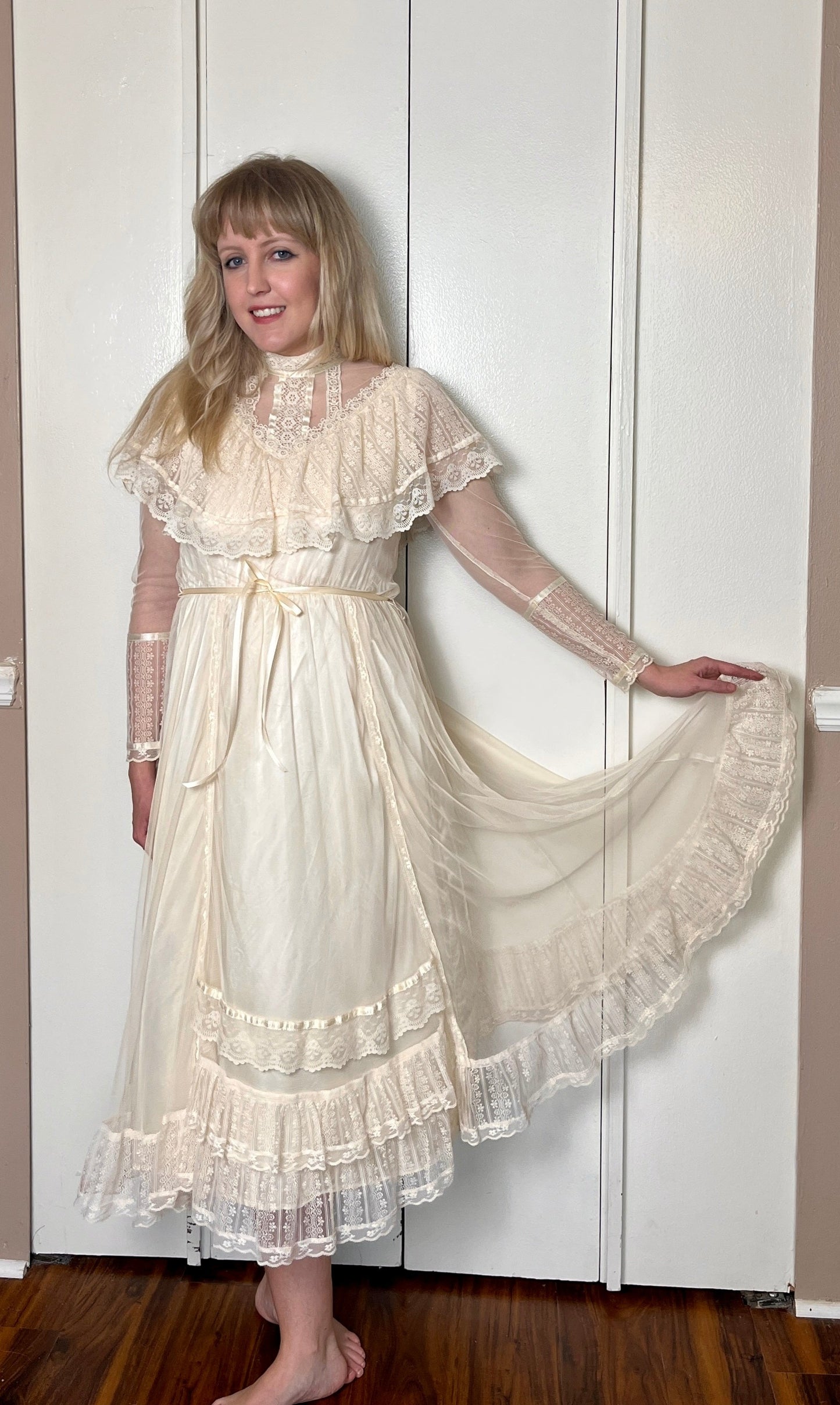 Vintage 1970's "Gunne Sax by Jessica McClintock" Ivory Satin & Mesh Midi Dress