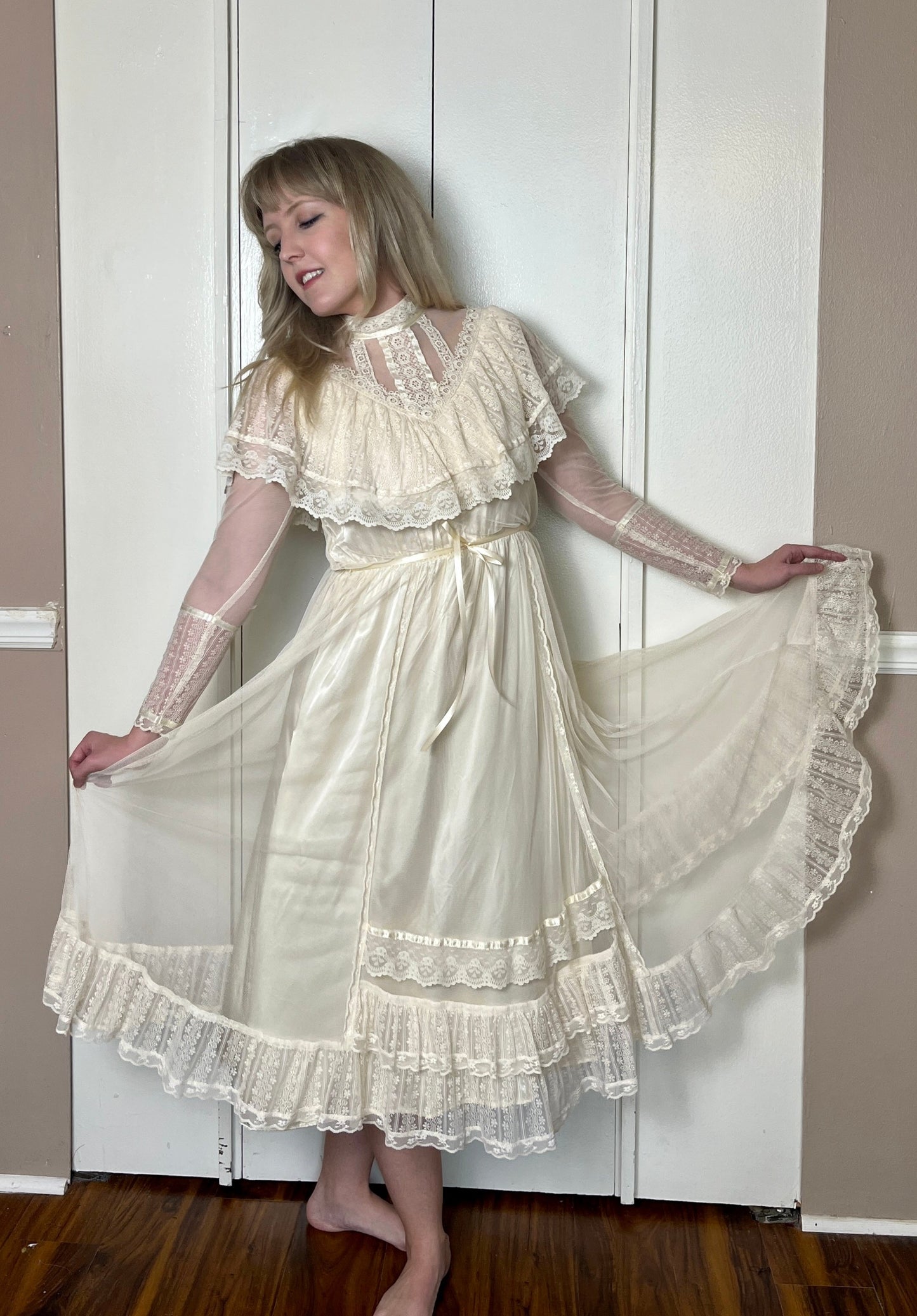 Vintage 1970's "Gunne Sax by Jessica McClintock" Ivory Satin & Mesh Midi Dress