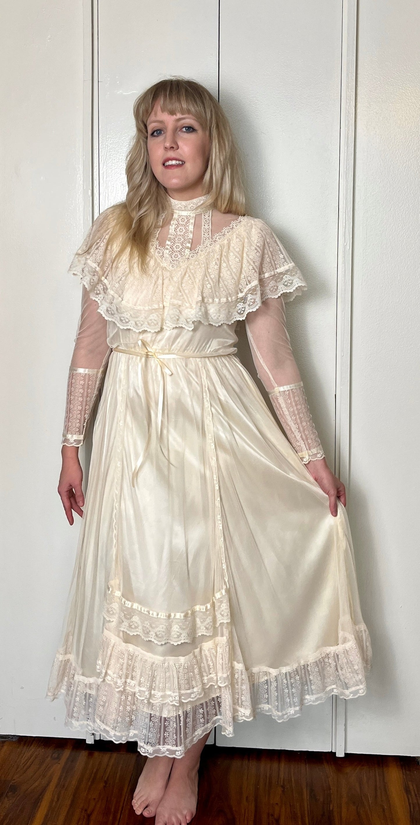 Vintage 1970's "Gunne Sax by Jessica McClintock" Ivory Satin & Mesh Midi Dress