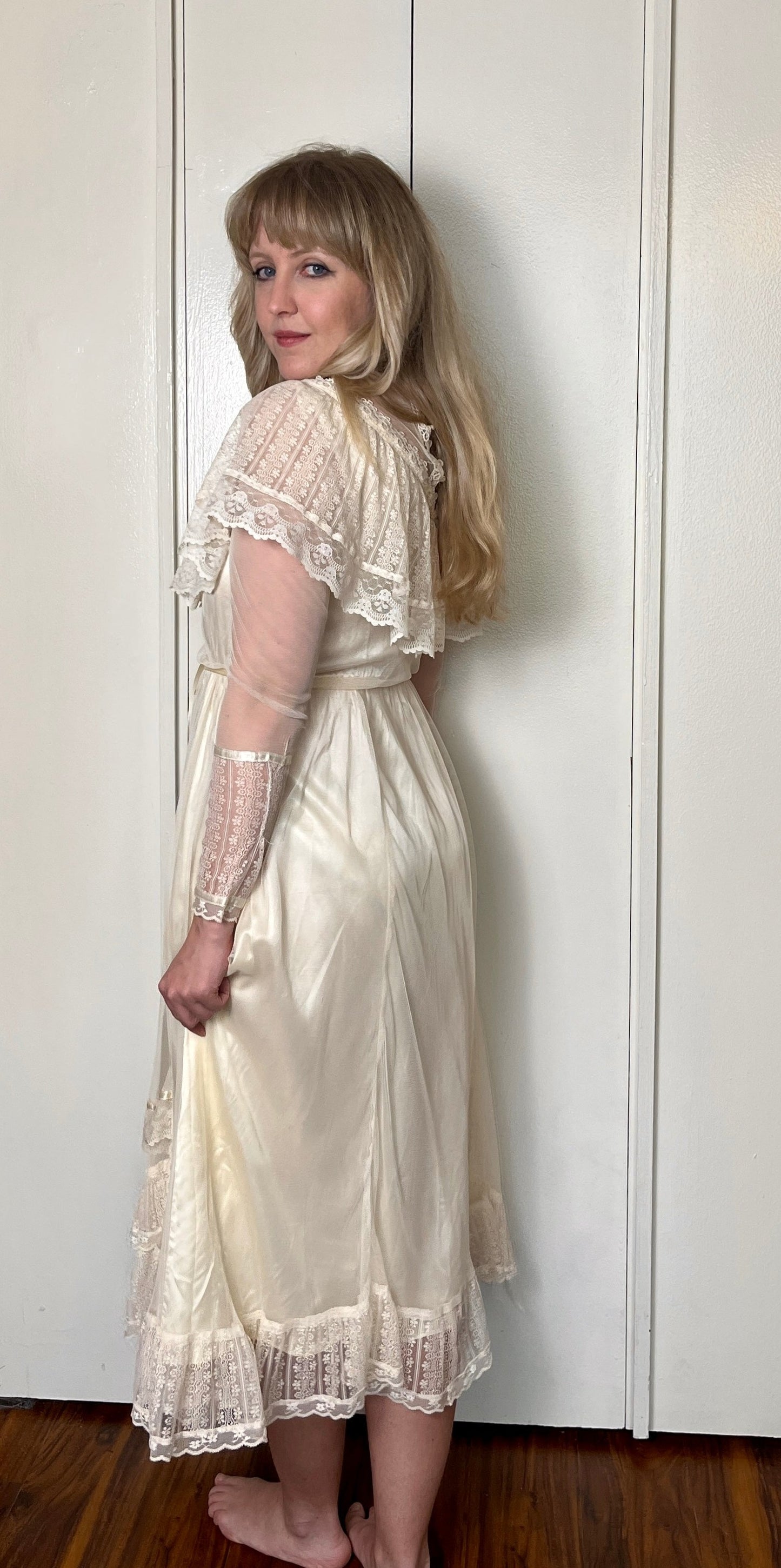 Vintage 1970's "Gunne Sax by Jessica McClintock" Ivory Satin & Mesh Midi Dress