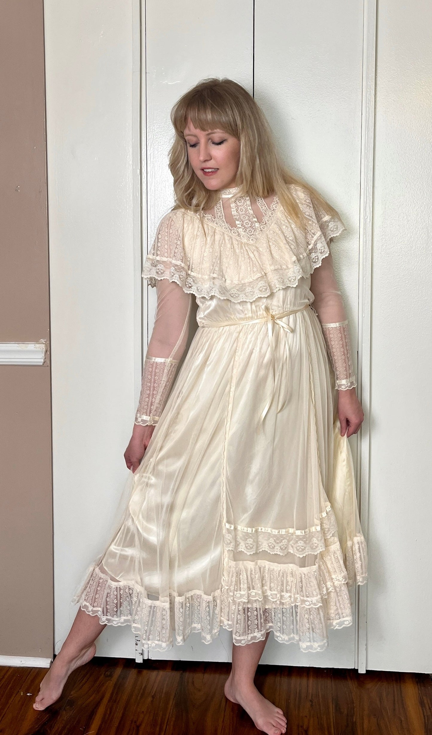 Vintage 1970's "Gunne Sax by Jessica McClintock" Ivory Satin & Mesh Midi Dress