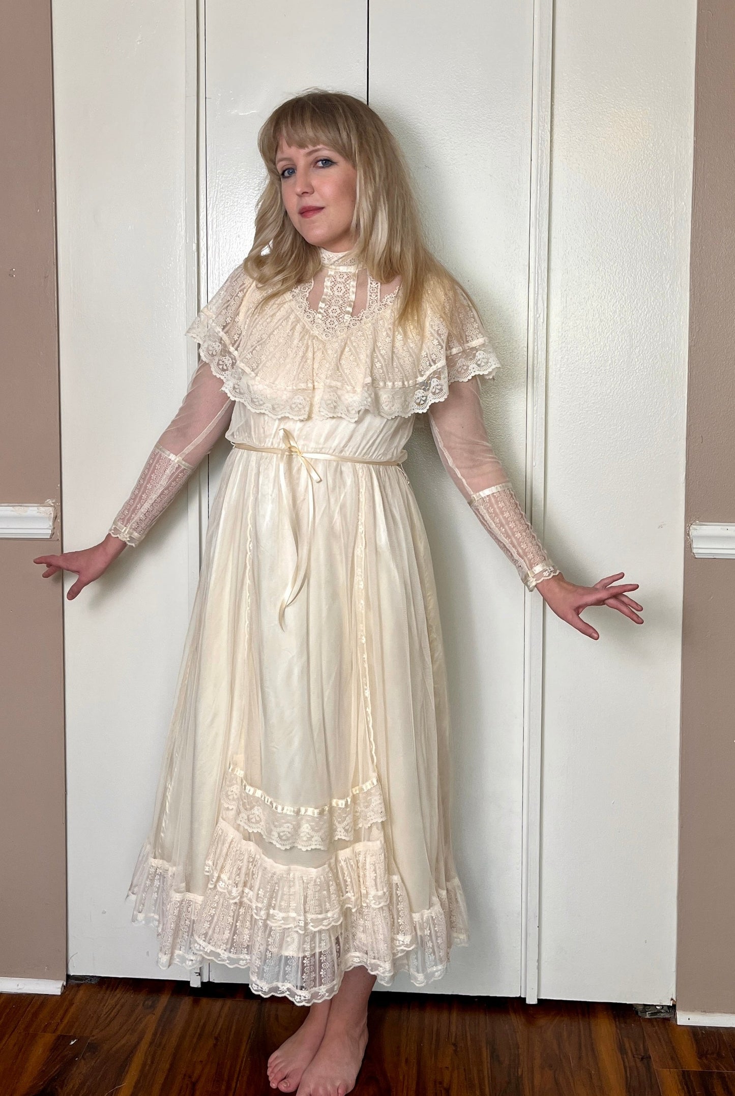 Vintage 1970's "Gunne Sax by Jessica McClintock" Ivory Satin & Mesh Midi Dress