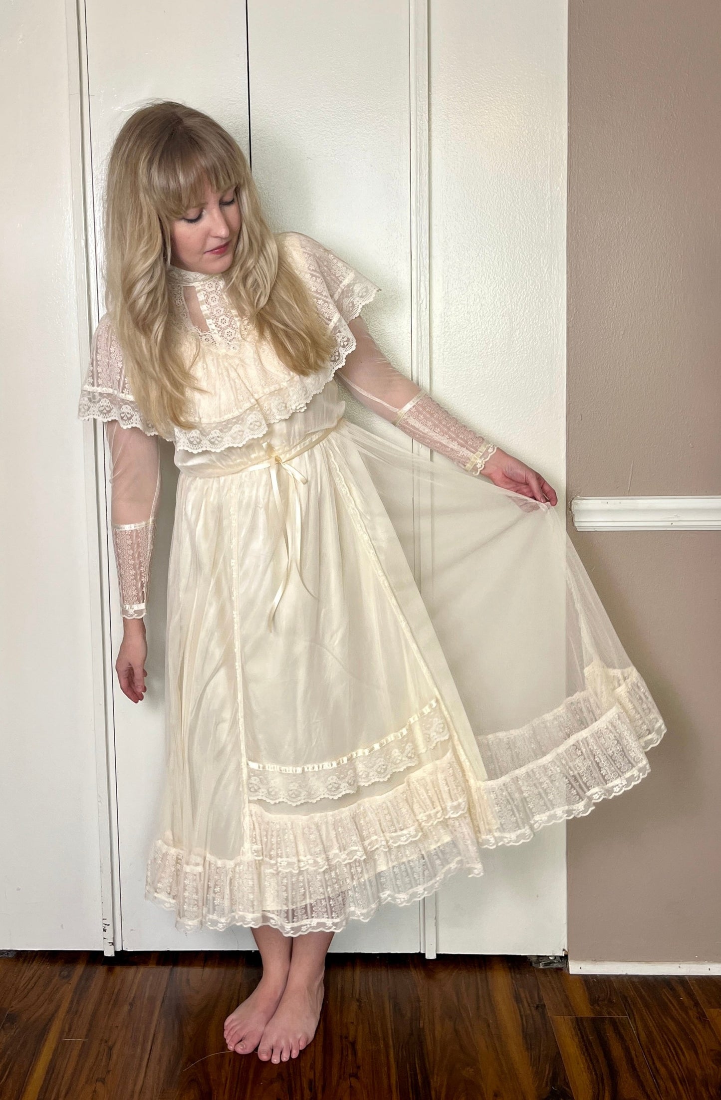 Vintage 1970's "Gunne Sax by Jessica McClintock" Ivory Satin & Mesh Midi Dress