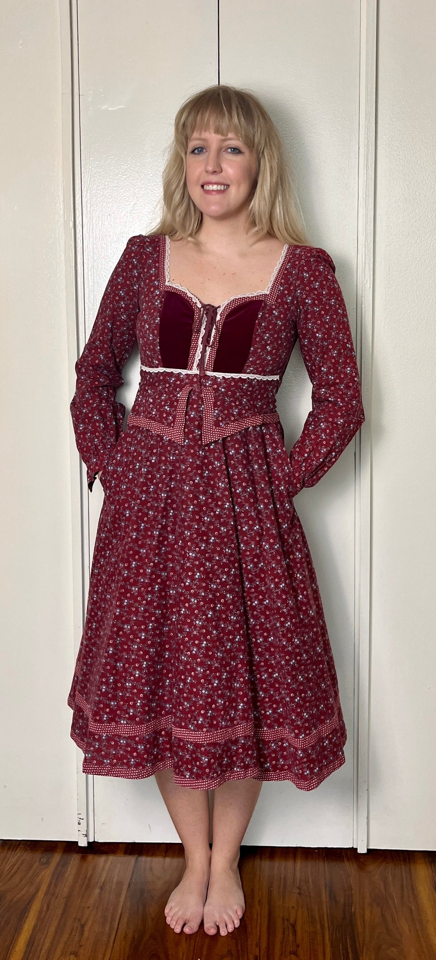 Vintage 1970's "Gunne Sax by Jessica McClintock" Red Peplum Midi Dress