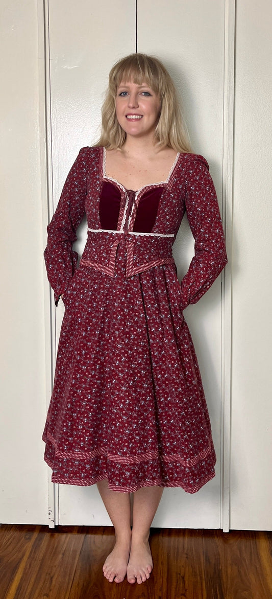 Vintage 1970's "Gunne Sax by Jessica McClintock" Red Peplum Midi Dress