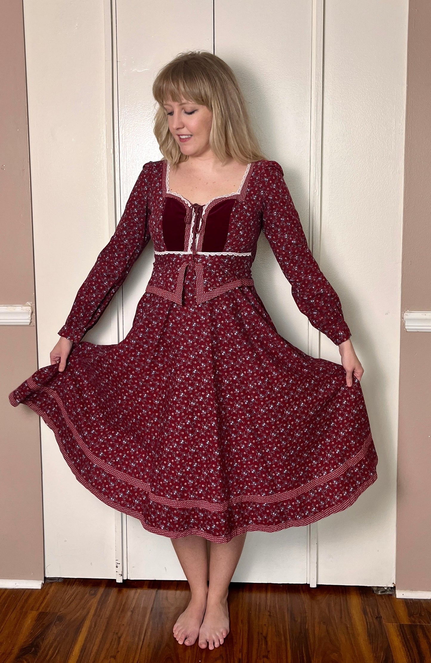 Vintage 1970's "Gunne Sax by Jessica McClintock" Red Peplum Midi Dress