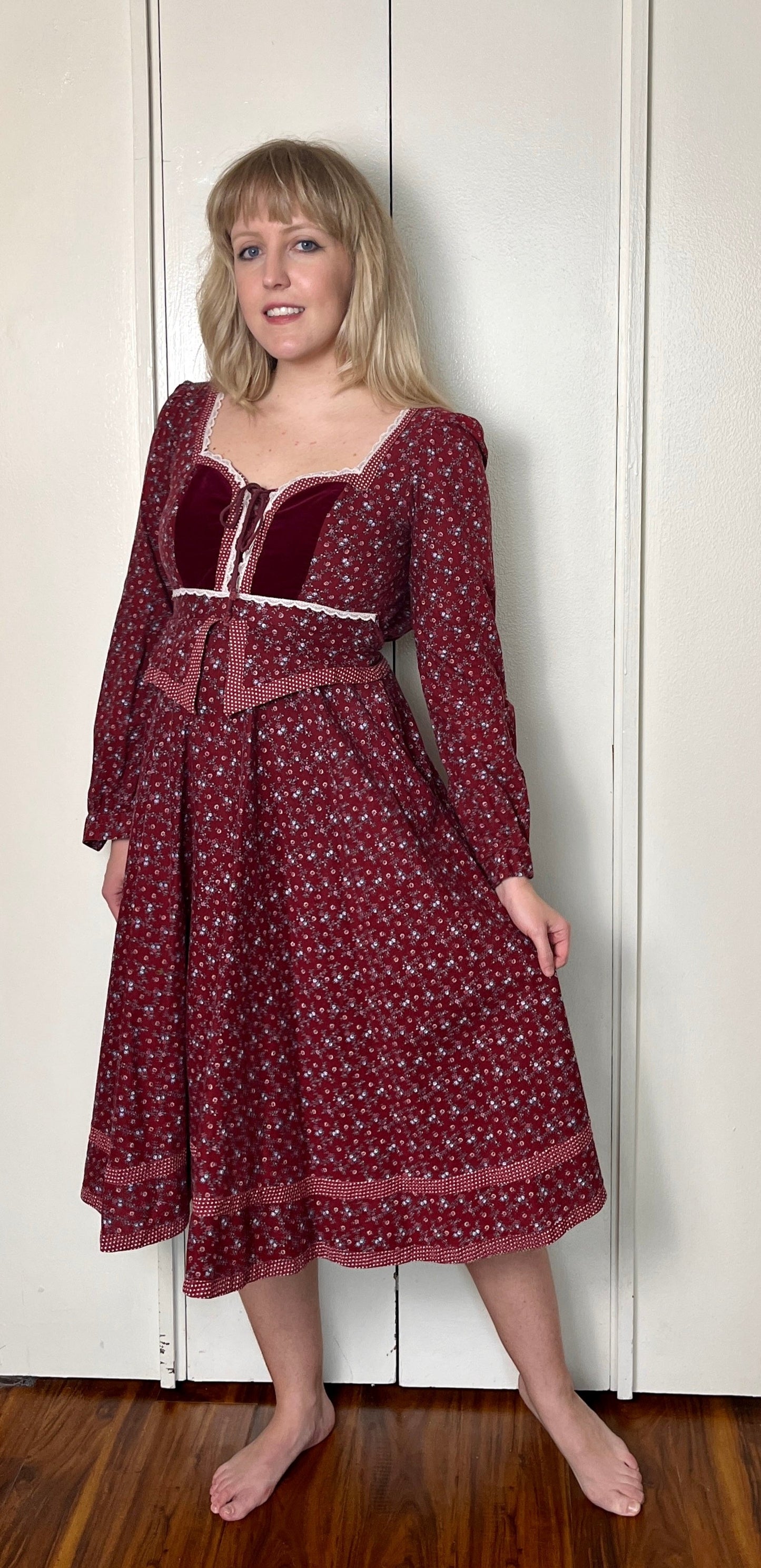 Vintage 1970's "Gunne Sax by Jessica McClintock" Red Peplum Midi Dress