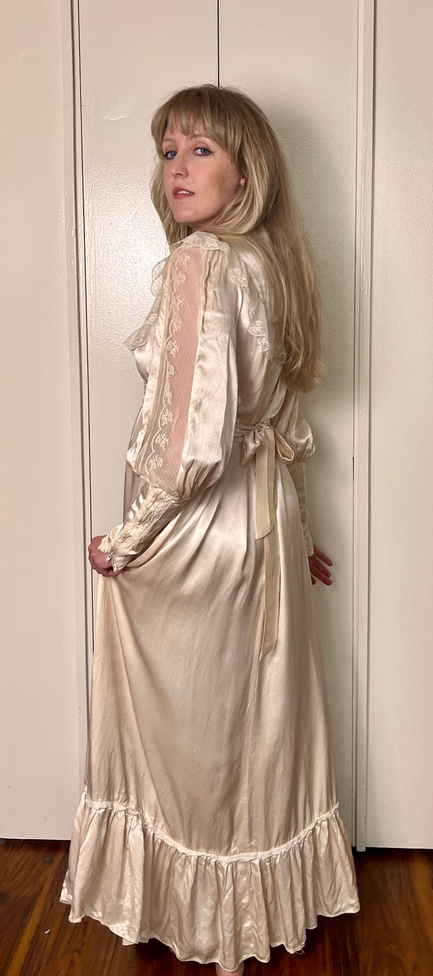 Vintage 1970's "Gunne Sax by Jessica McClintock" Ivory Satin & Lace Maxi Dress