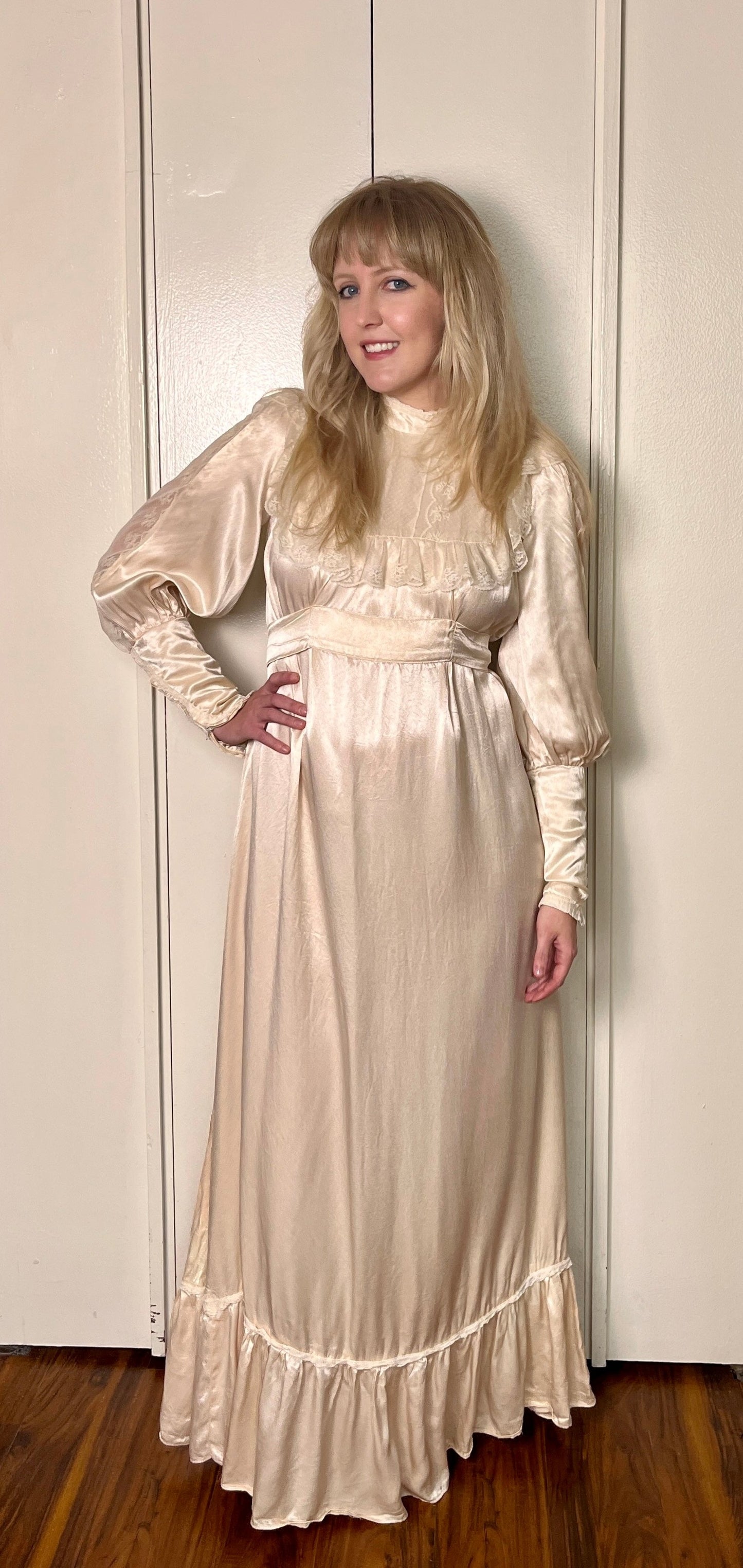 Vintage 1970's "Gunne Sax by Jessica McClintock" Ivory Satin & Lace Maxi Dress