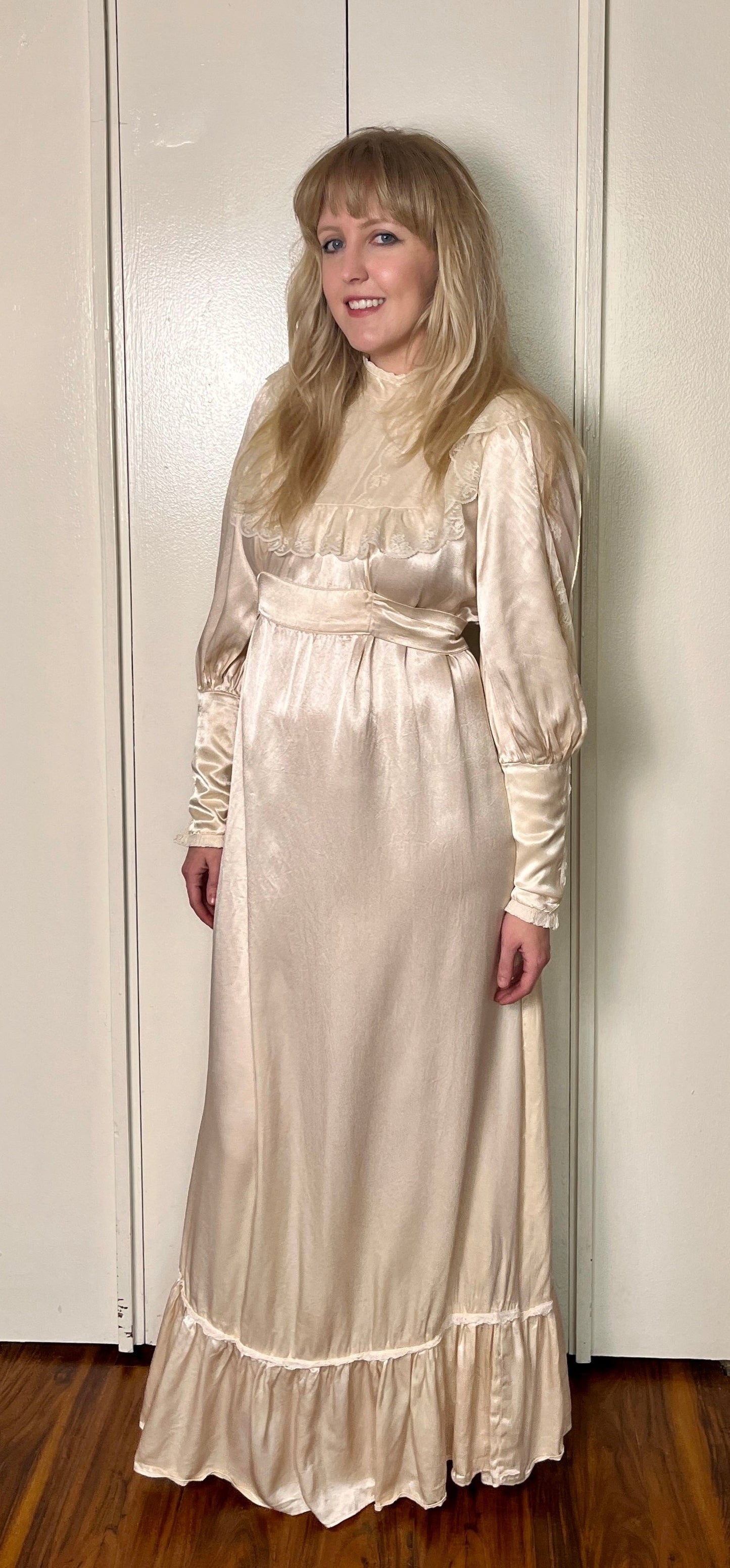 Vintage 1970's "Gunne Sax by Jessica McClintock" Ivory Satin & Lace Maxi Dress