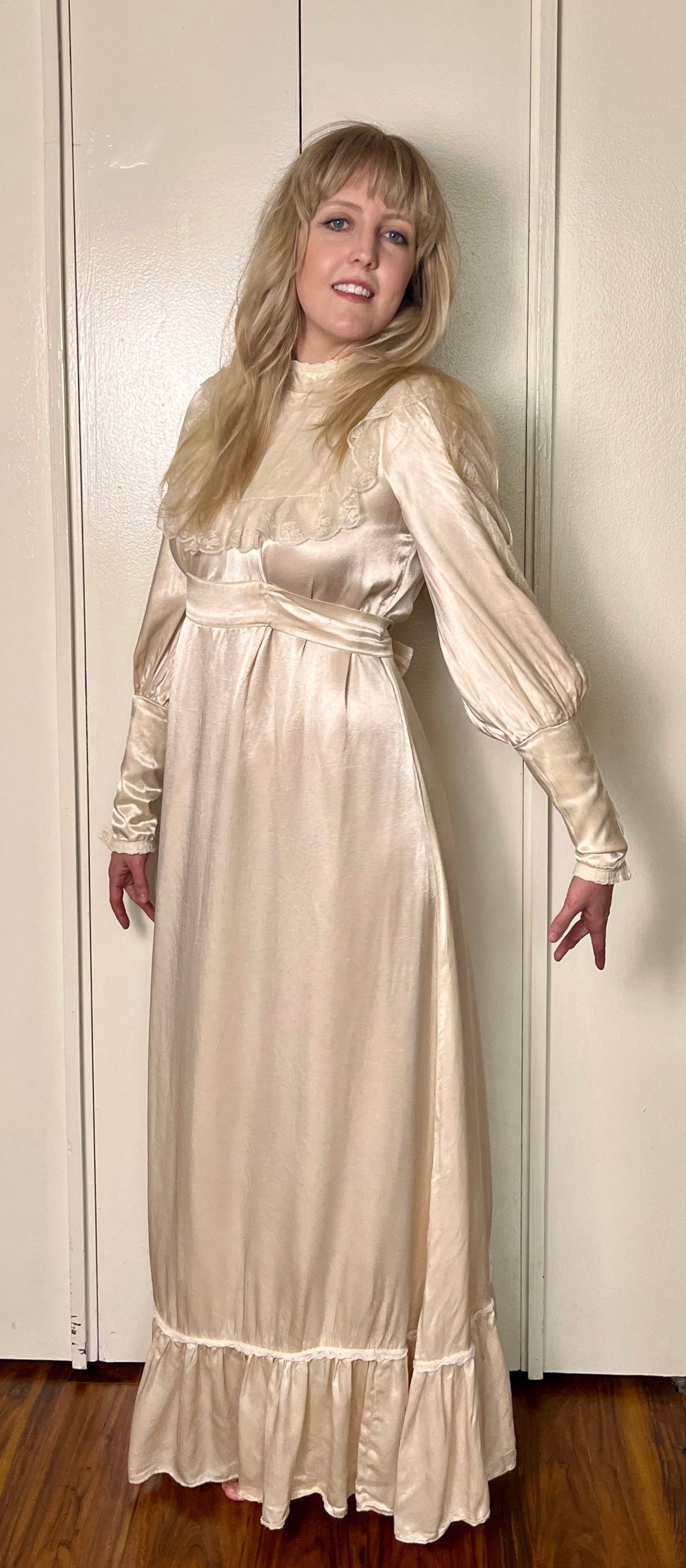 Vintage 1970's "Gunne Sax by Jessica McClintock" Ivory Satin & Lace Maxi Dress