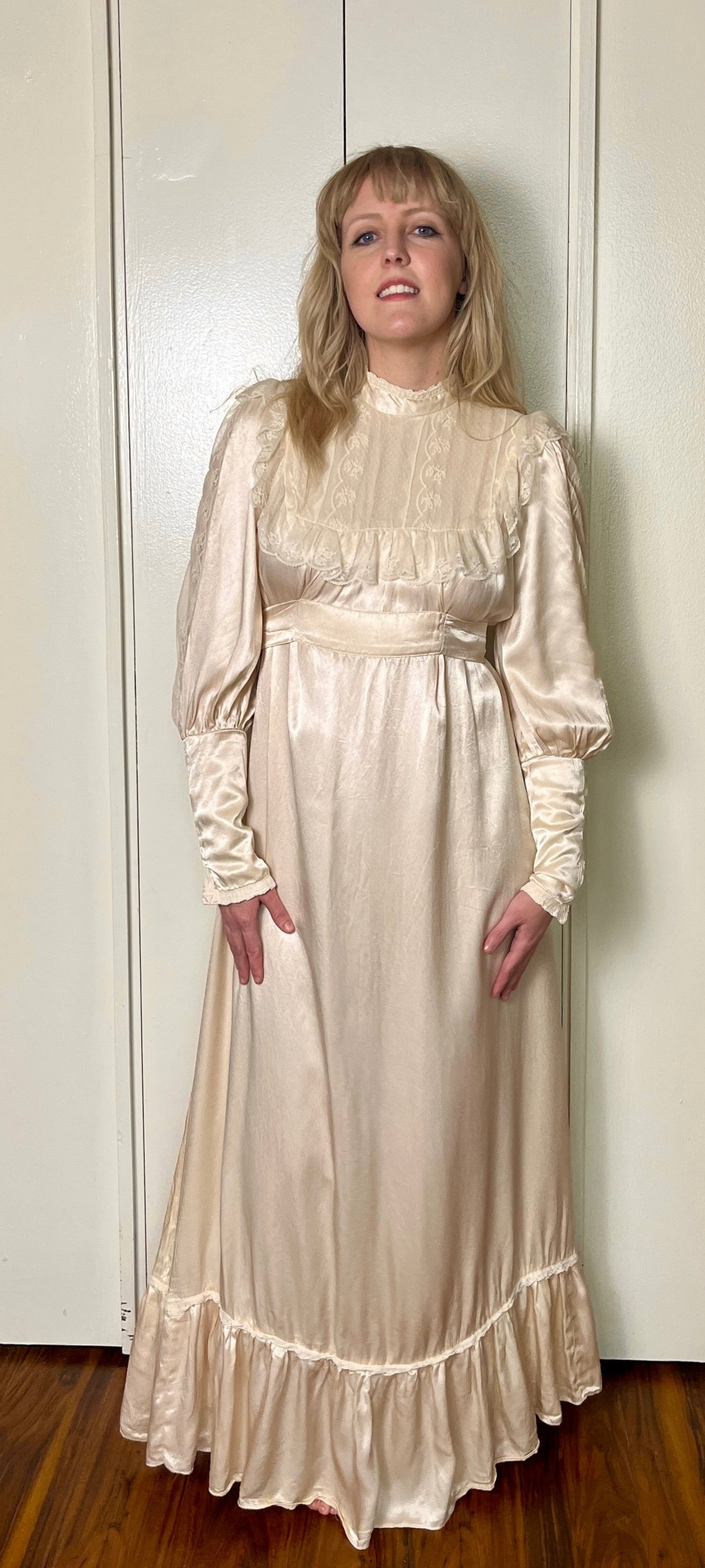 Vintage 1970's "Gunne Sax by Jessica McClintock" Ivory Satin & Lace Maxi Dress