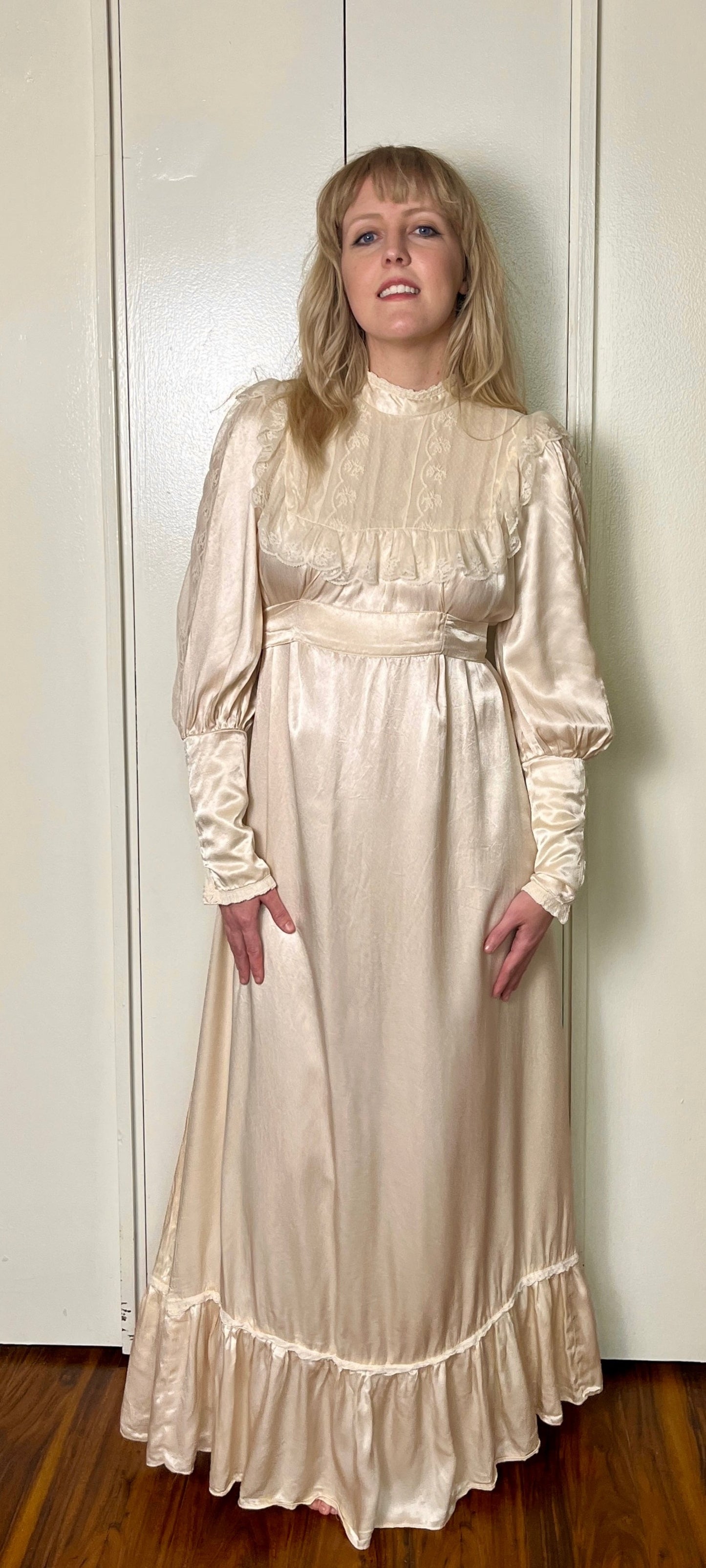 Vintage 1970's "Gunne Sax by Jessica McClintock" Ivory Satin & Lace Maxi Dress