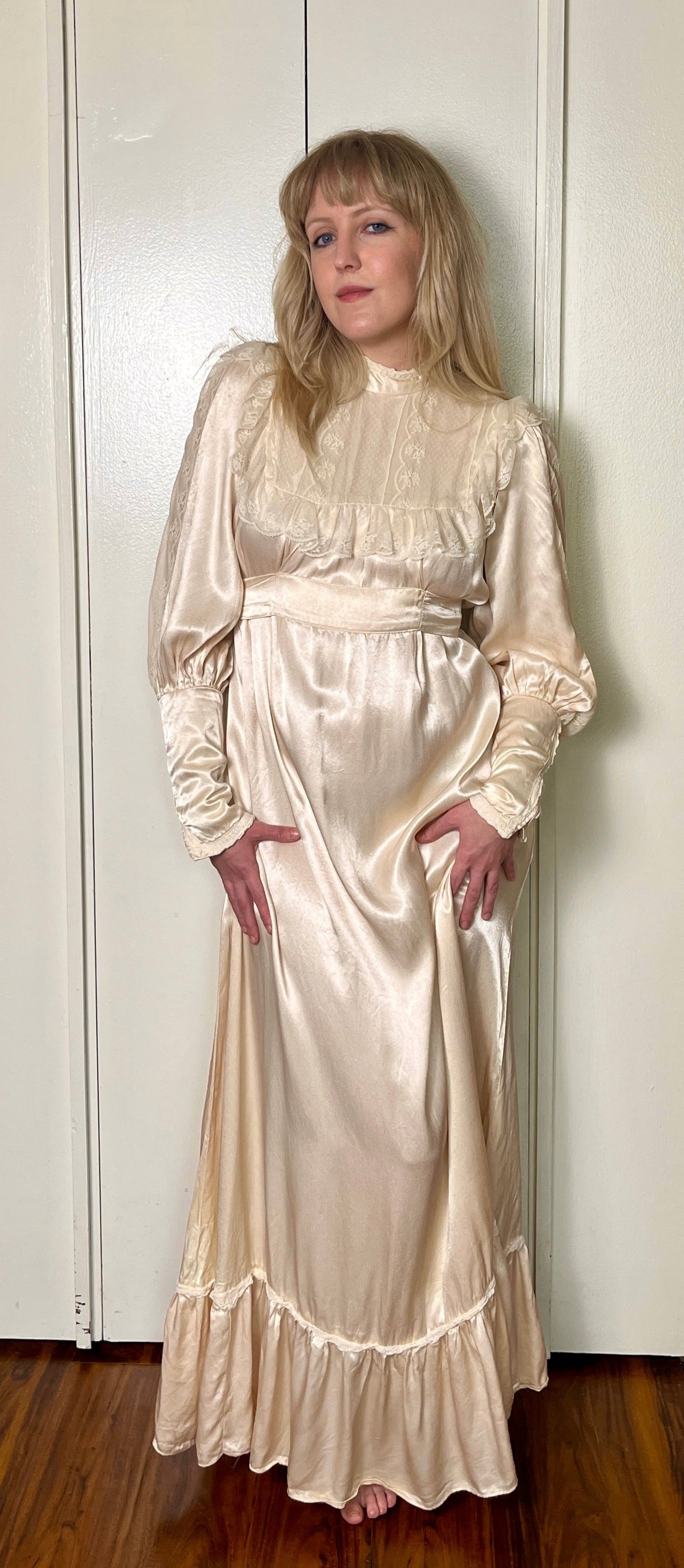 Vintage 1970's "Gunne Sax by Jessica McClintock" Ivory Satin & Lace Maxi Dress