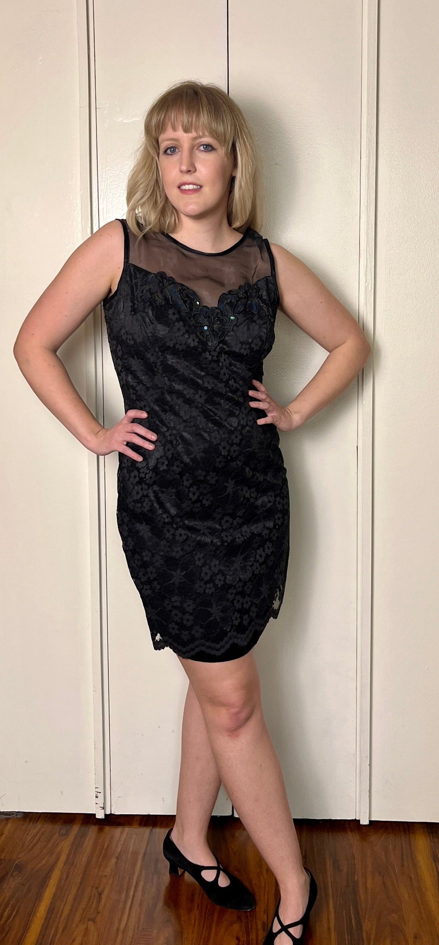 Vintage 1990's "Gunne Sax by Jessica McClintock" Black Lace Sequin Mini Dress