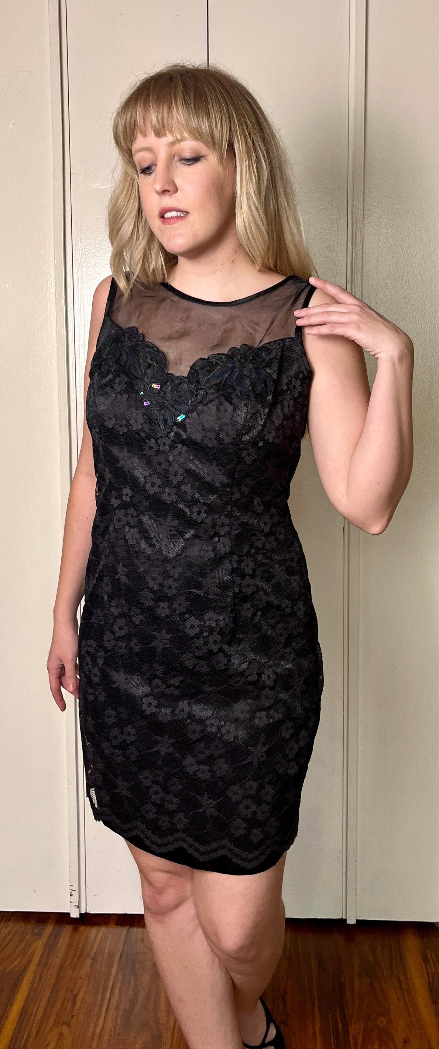 Vintage 1990's "Gunne Sax by Jessica McClintock" Black Lace Sequin Mini Dress