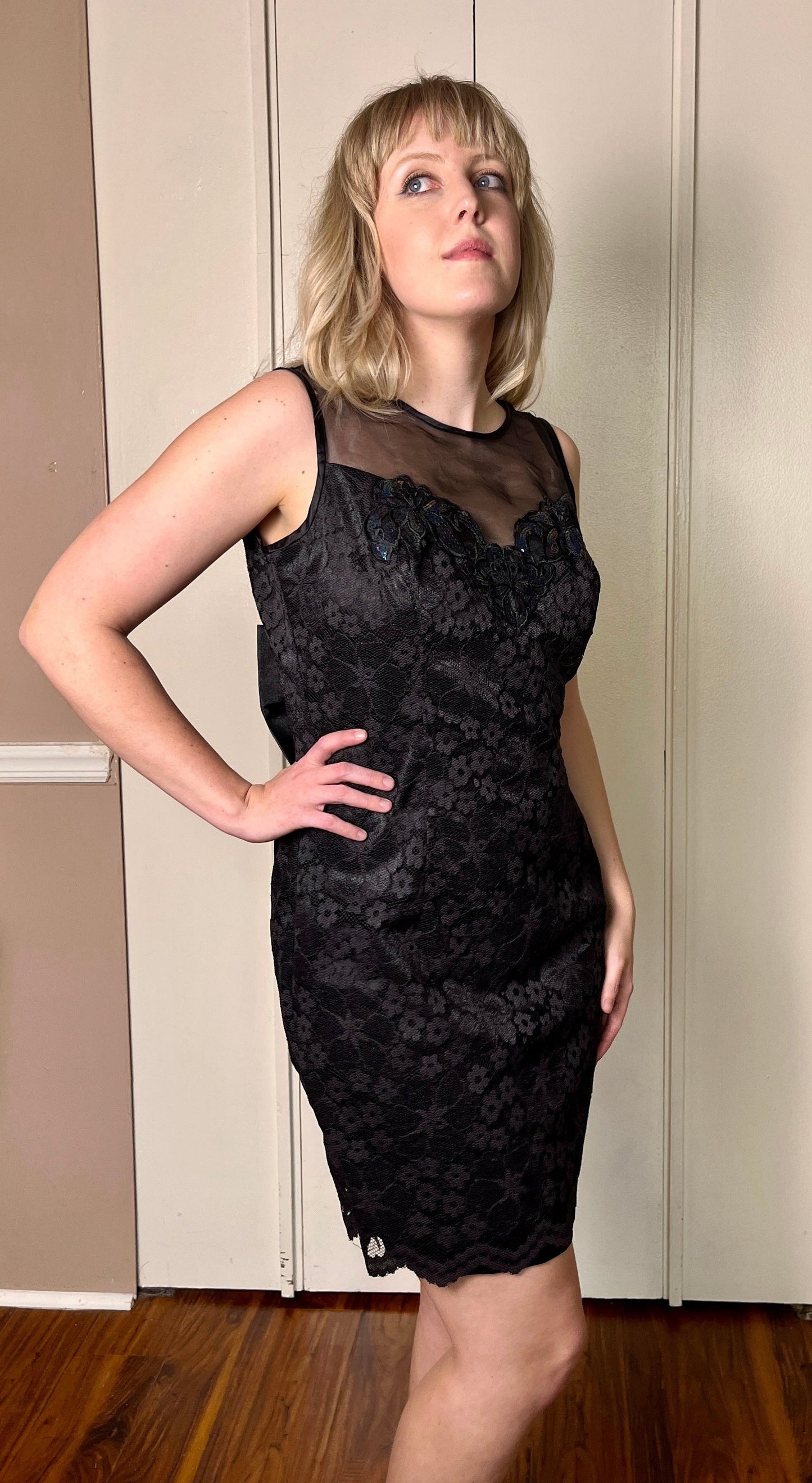 Vintage 1990's "Gunne Sax by Jessica McClintock" Black Lace Sequin Mini Dress