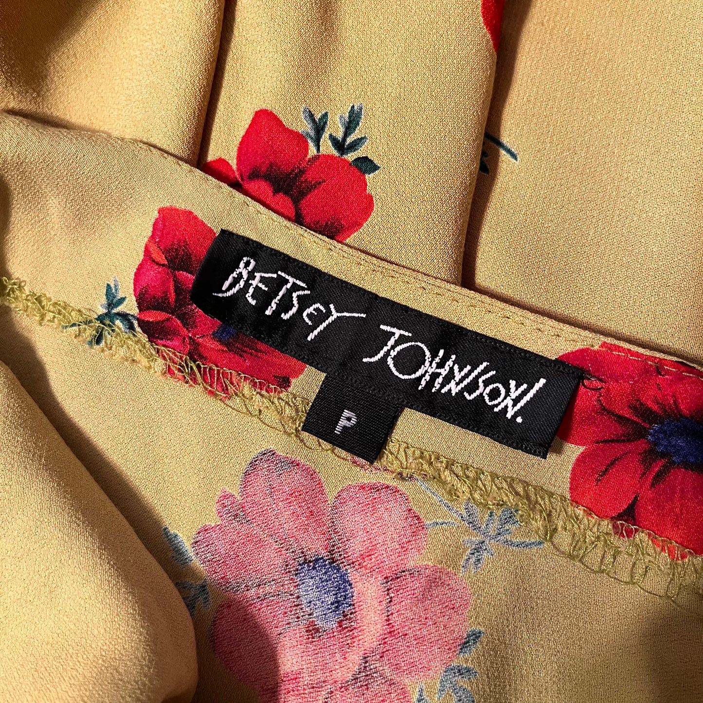 Vintage 1990's "Betsey Johnson" Red Poppy Print on Yellow w/ Red Lace Slip Dress