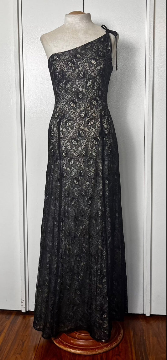 Vintage 1990's "Roberta" Black Lace One Shoulder Maxi Dress (Flawed)
