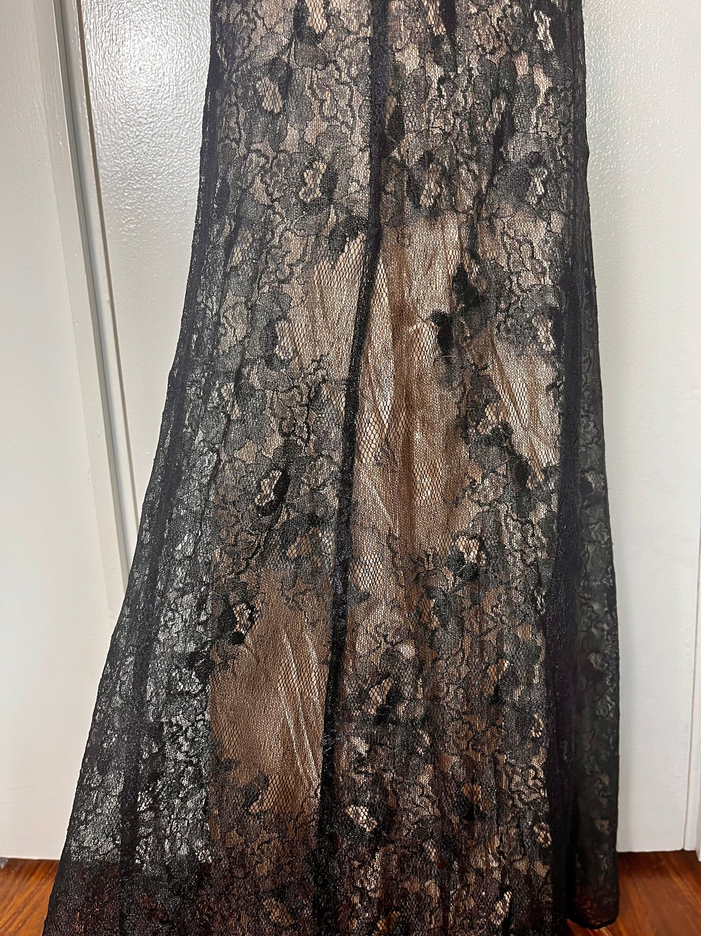 Vintage 1990's "Roberta" Black Lace One Shoulder Maxi Dress (Flawed)
